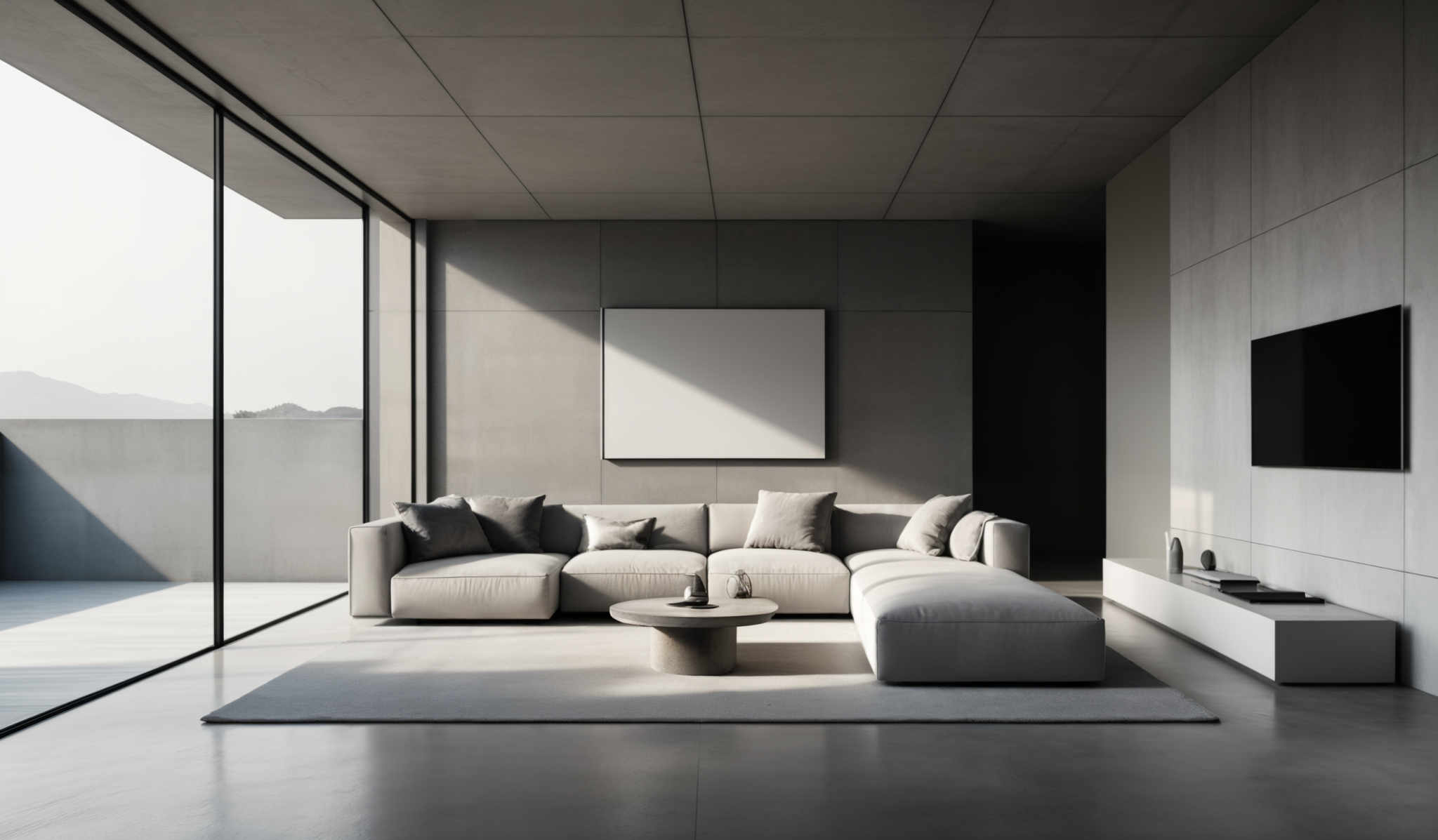 The image showcases a modern living room with a minimalist design. The dominant colors are shades of gray, white, and black. The room features a large, L-shaped gray sofa adorned with multiple gray cushions. In front of the sofa is a round, gray coffee table with a few decorative items on it. To the right, there's a white wall with a mounted flat-screen TV. Above the TV, there is a rectangular white frame, possibly for artwork. The ceiling is made of concrete with a linear light fixture running across it. The floor is glossy, reflecting the room's contents. On the left side, there are large floor-to-ceiling windows that offer a view of a serene landscape with mountains in the distance.