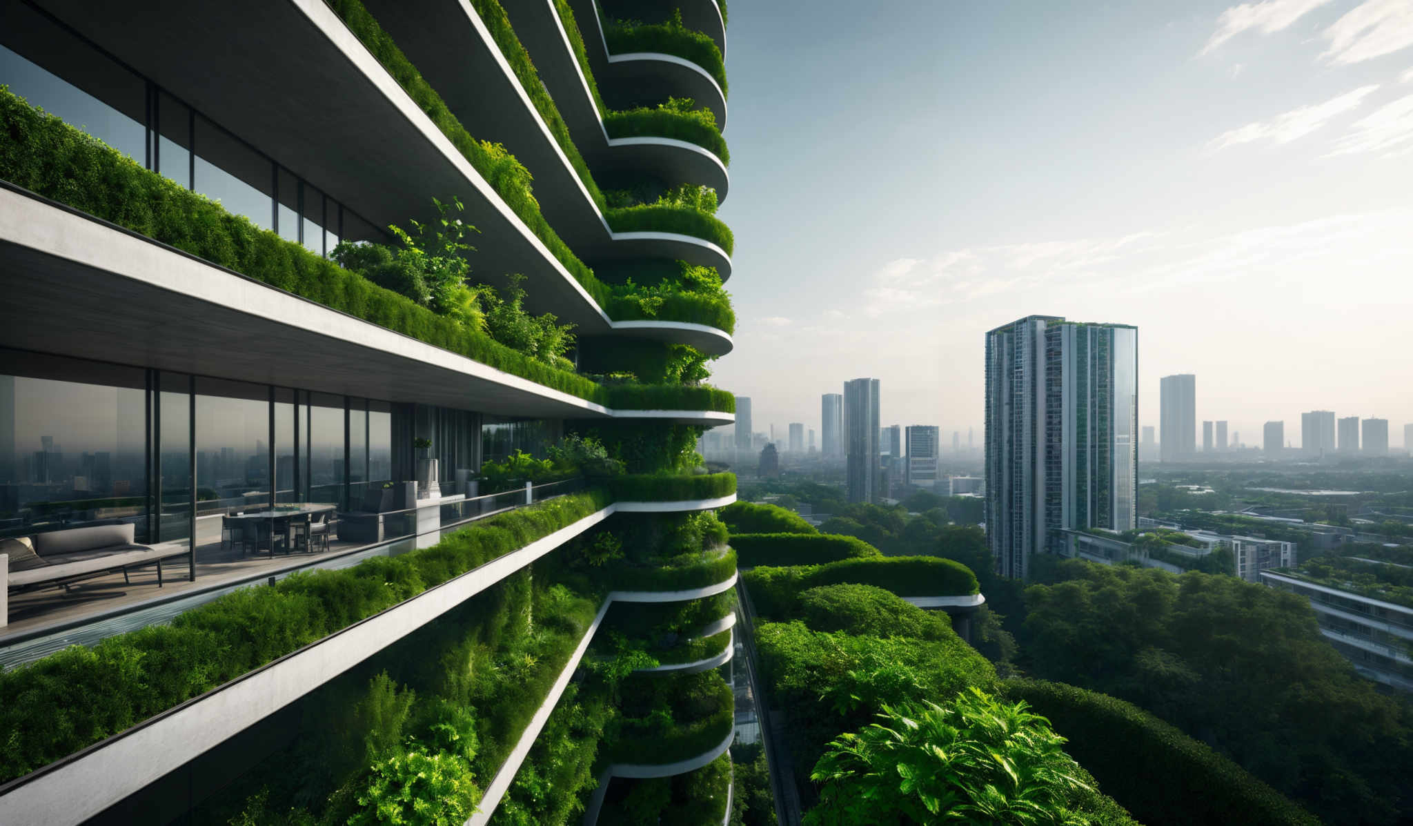 The image showcases a modern architectural design with a multi-story building featuring balconies covered in lush green vegetation. The building has a cylindrical shape with terraces that are stacked one above the other. The balcony vegetation is dense, with a variety of green plants, including shrubs and trees. The windows of the building are large, allowing for ample natural light. In the background, there are other high-rise buildings, and the sky is clear with a hint of clouds. The overall color palette is dominated by shades of green from the vegetation and neutral tones from the building and the cityscape.