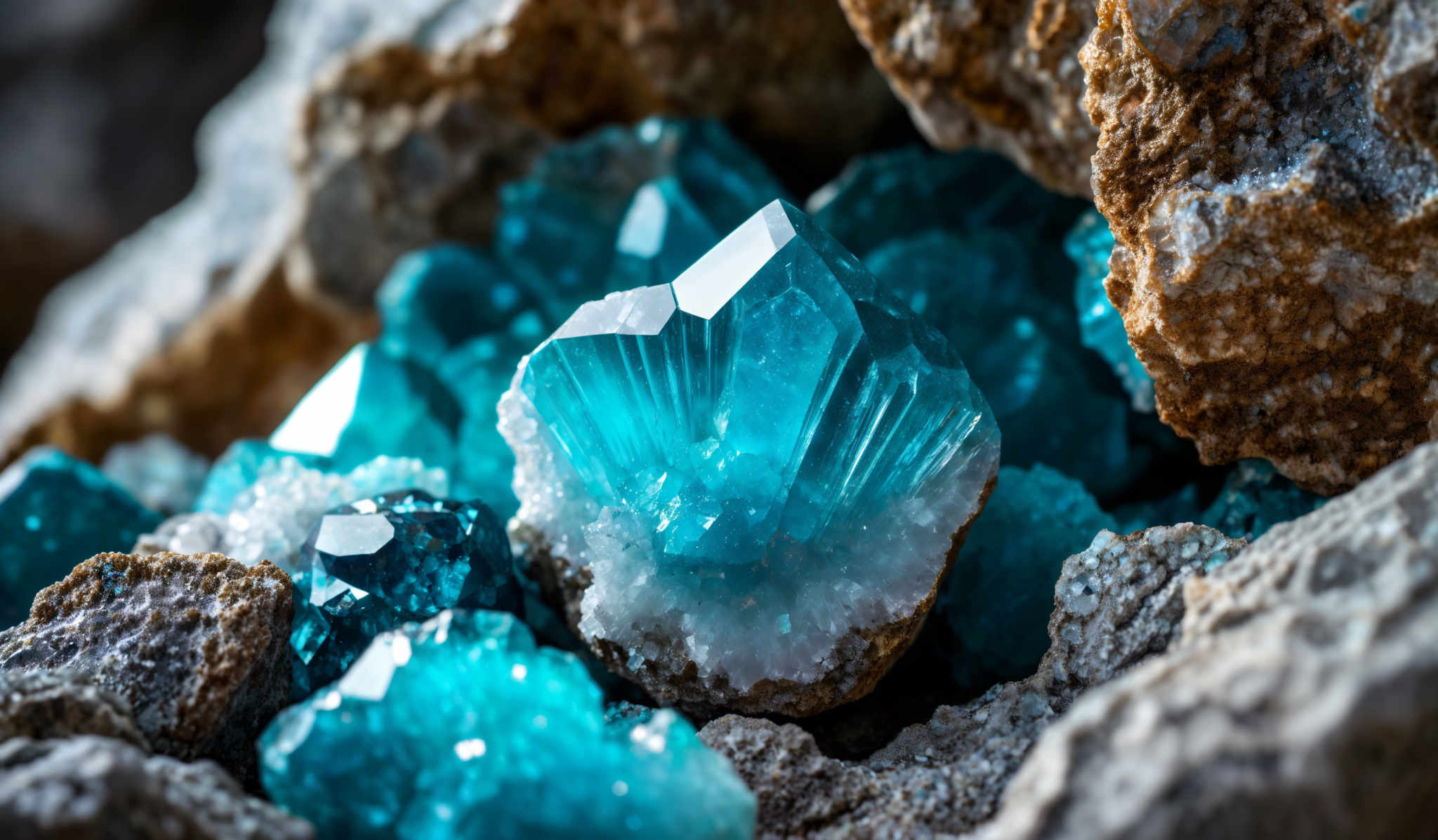 The image showcases vibrant turquoise-blue crystals embedded in rocky formations. The crystalline structures are sharp and geometric, with some exhibiting a fan-like shape. The surrounding rock has a mix of brown and gray hues, with the crystalls appearing as bright contrasts against this backdrop.