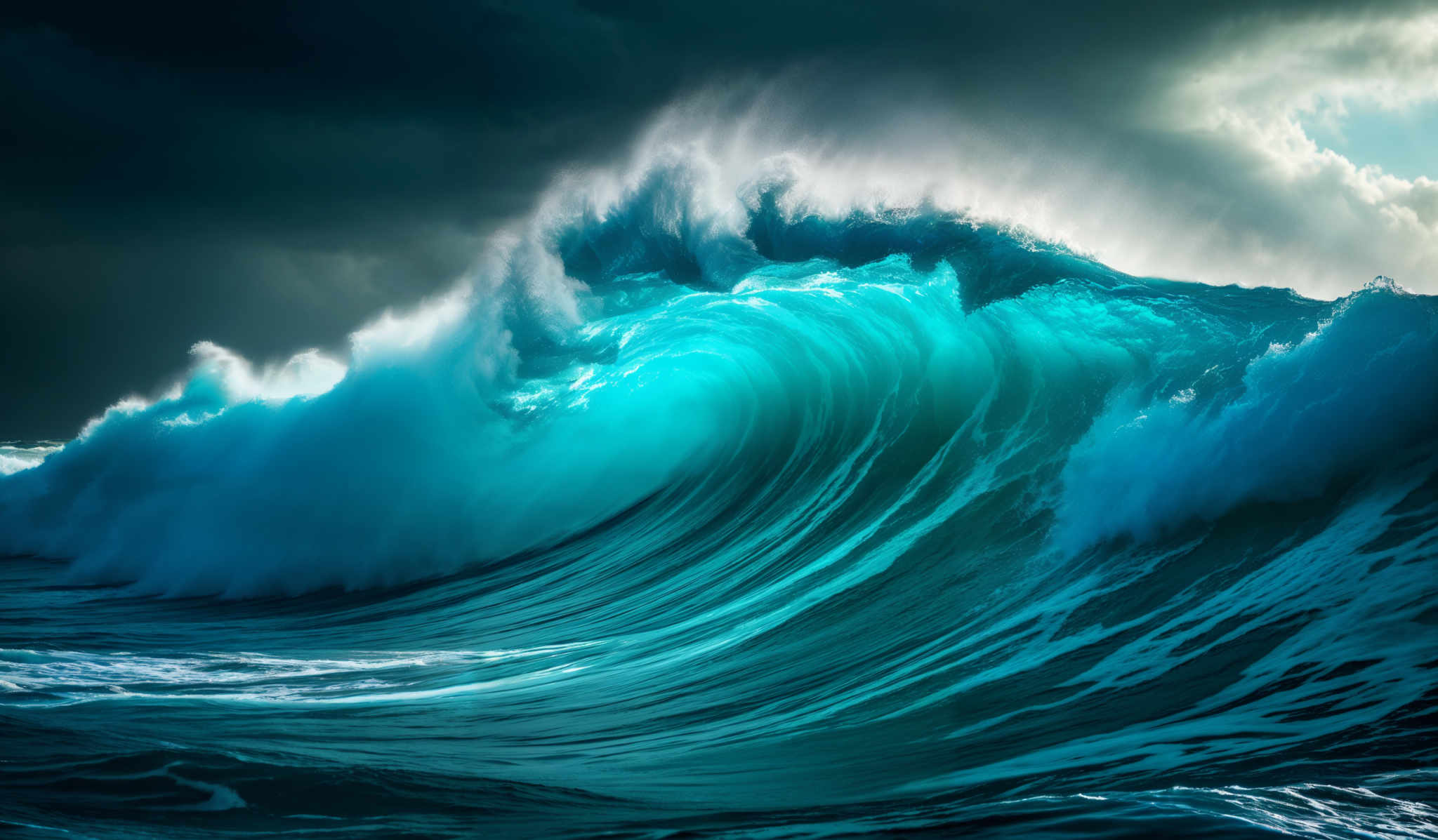 The image showcases a powerful wave, with a dominant turquoise hue, crashing against the shore. The wave's shape is curved, with the crest being the most prominent feature, displaying a beautiful play of light and shadow. The dark stormy clouds in the background contrast sharply with the brightness of the wave, creating a dramatic and awe-inspiring scene.