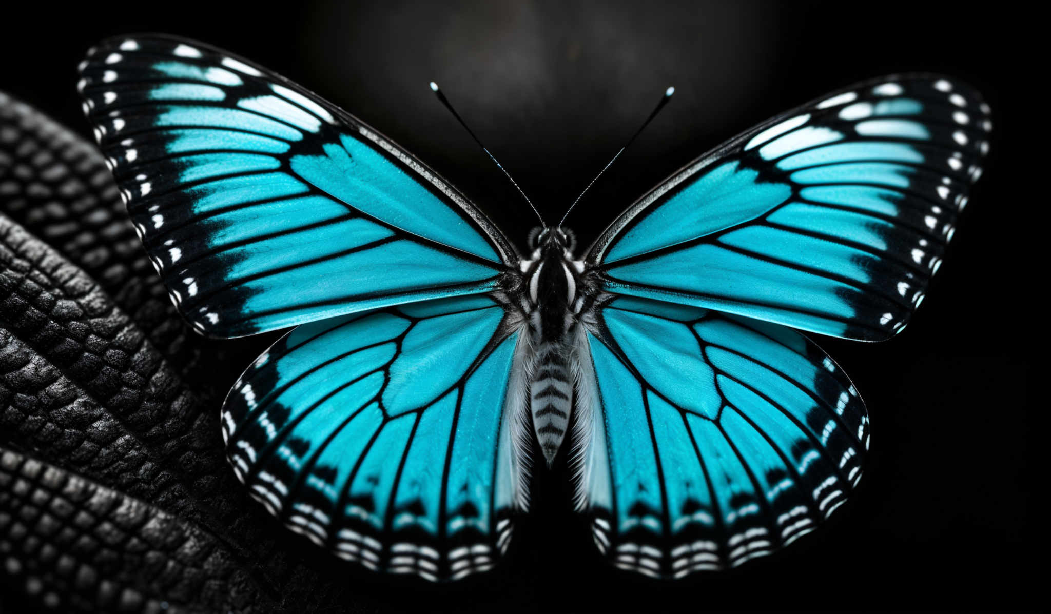 The image showcases a vibrant blue butterfly with intricate patterns on its wings. The butterflies wings are predominantly blue with white and black outlines. The edges of the wings have a white border with black spots. The body of the butterly is white with black markings. The background is predominately black, which accentuates the bright blue of the wing patterns.