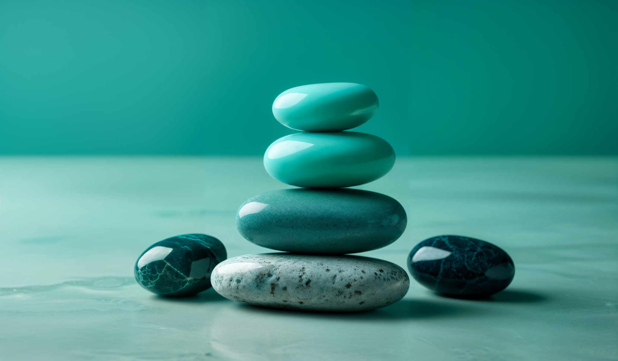 The image showcases a stack of smooth, rounded stones against a teal background. The stones vary in size and color, with the largest stone being a glossy turquoise, the next one being a slightly smaller turquois, followed by a gray stone with speckled patterns, and finally a smaller turQUOISE stone. The background is consistent in color, providing a calming and harmonious backdrop to the stacked stones.