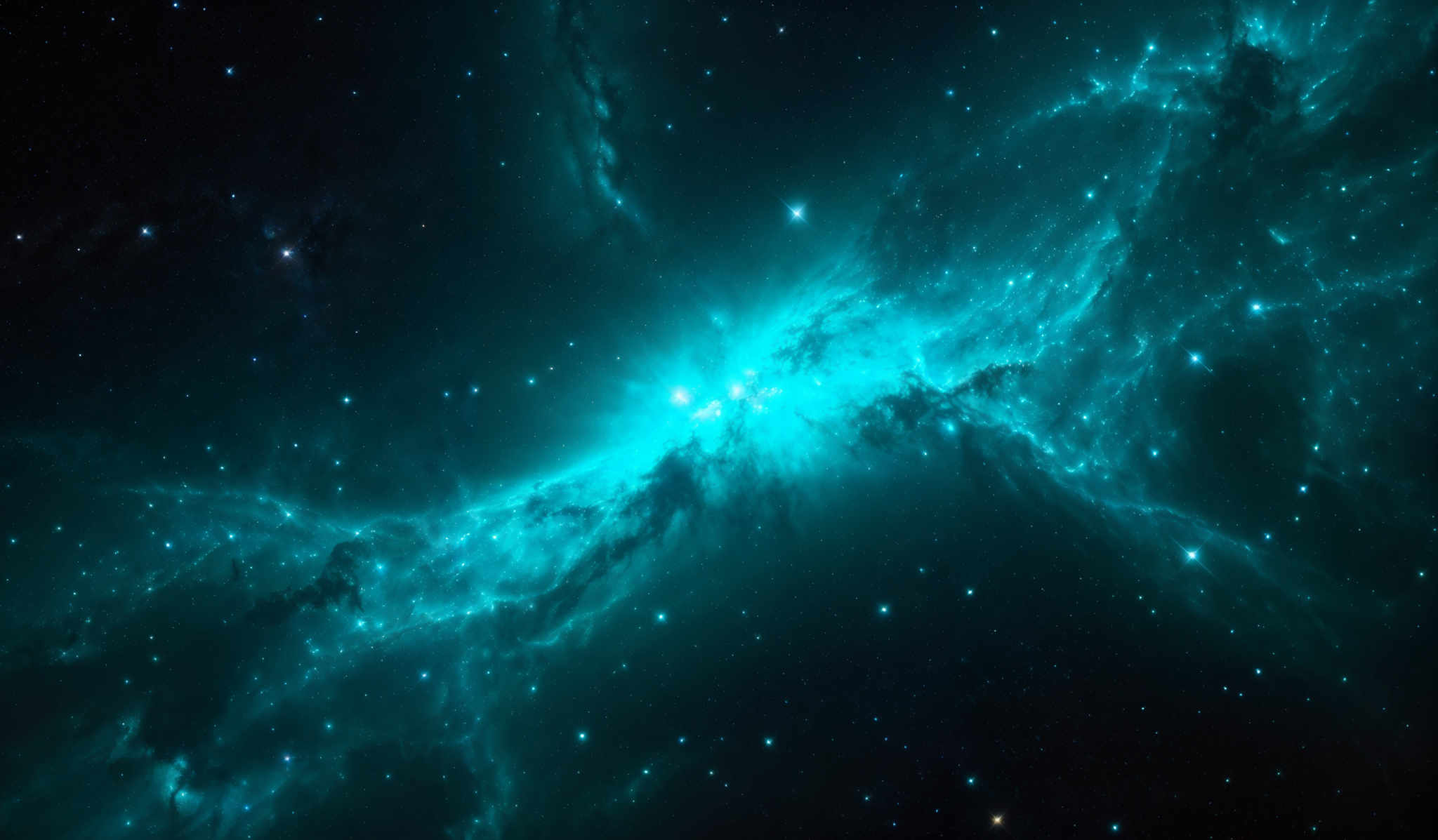 The image showcases a mesmerizing cosmic scene with a deep blue hue dominating the background. The central part of the image is illuminated with a bright turquoise light, possibly representing a star or a galaxy. Surrounding this central light are swirling patterns of blue and white, resembling nebulae or cosmic dust clouds. The patterns are intricate, with some areas appearing more dense and others more spread out. The overall impression is one of vastness, mystery, and the awe-inspiring beauty of the universe.