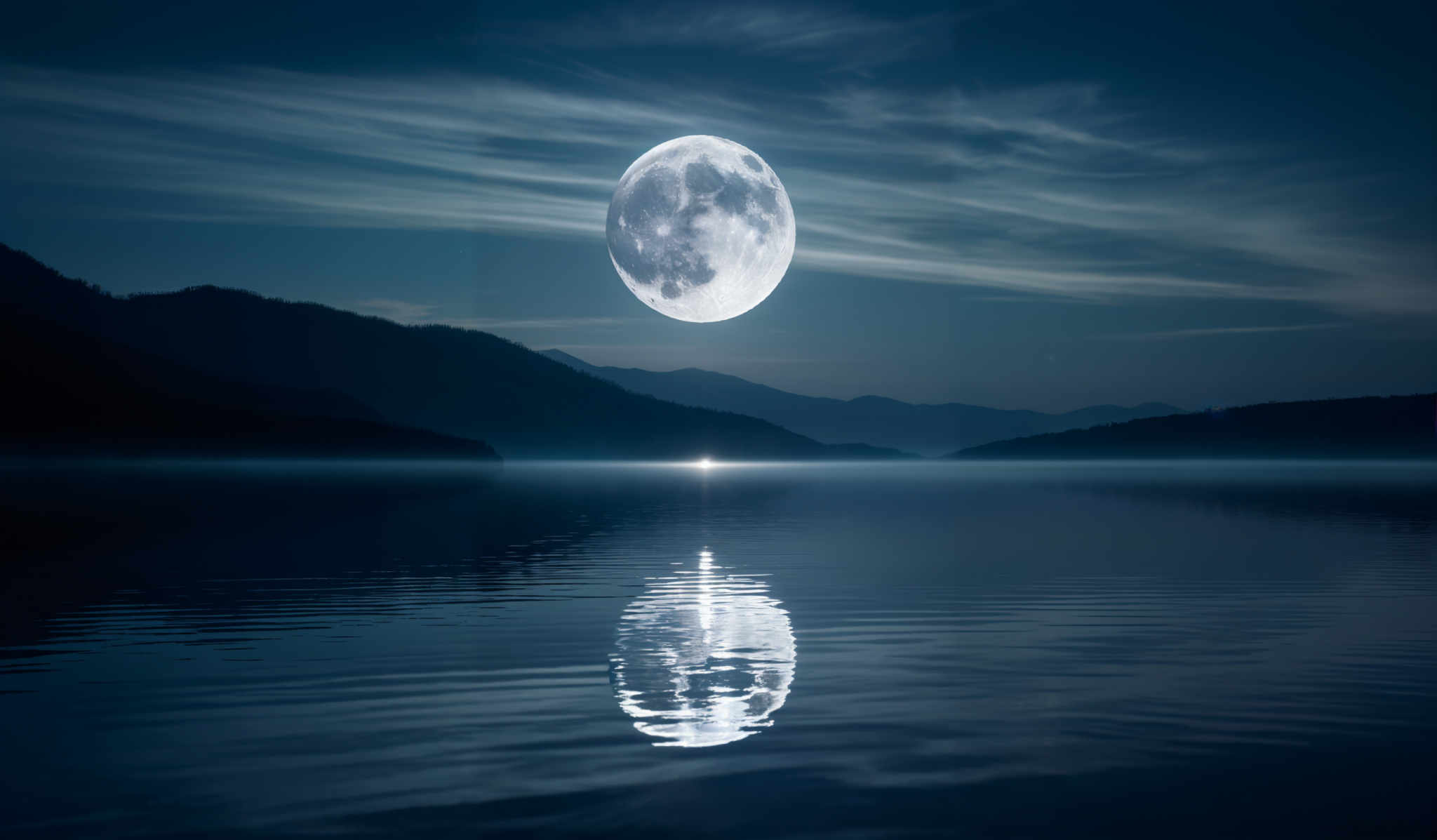 The image showcases a serene nighttime landscape. Dominating the scene is a large, luminous moon, which appears almost full and is reflected on the calm waters below. The moon's surface displays craters and textures, suggesting its natural, unaltered appearance. The sky is painted in hues of deep blue and is dotted with wispy clouds. In the distance, silhouetted against the moonlight, are rolling hills or mountains. The water reflects the moon and the sky, creating a mirror-like effect. The overall ambiance is tranquil and mystical.