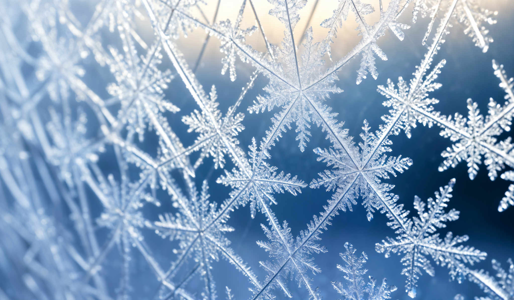 The image showcases intricate patterns of frost or ice crystals on a surface. The crystalline structures are predominantly white with delicate, feathery branches extending outwards. The background is a gradient of blue, transitioning from a deeper shade at the bottom to a lighter hue at the top. The overall effect is reminiscent of a cold winter morning, where the moisture in the air condenses to form these beautiful frost formations.