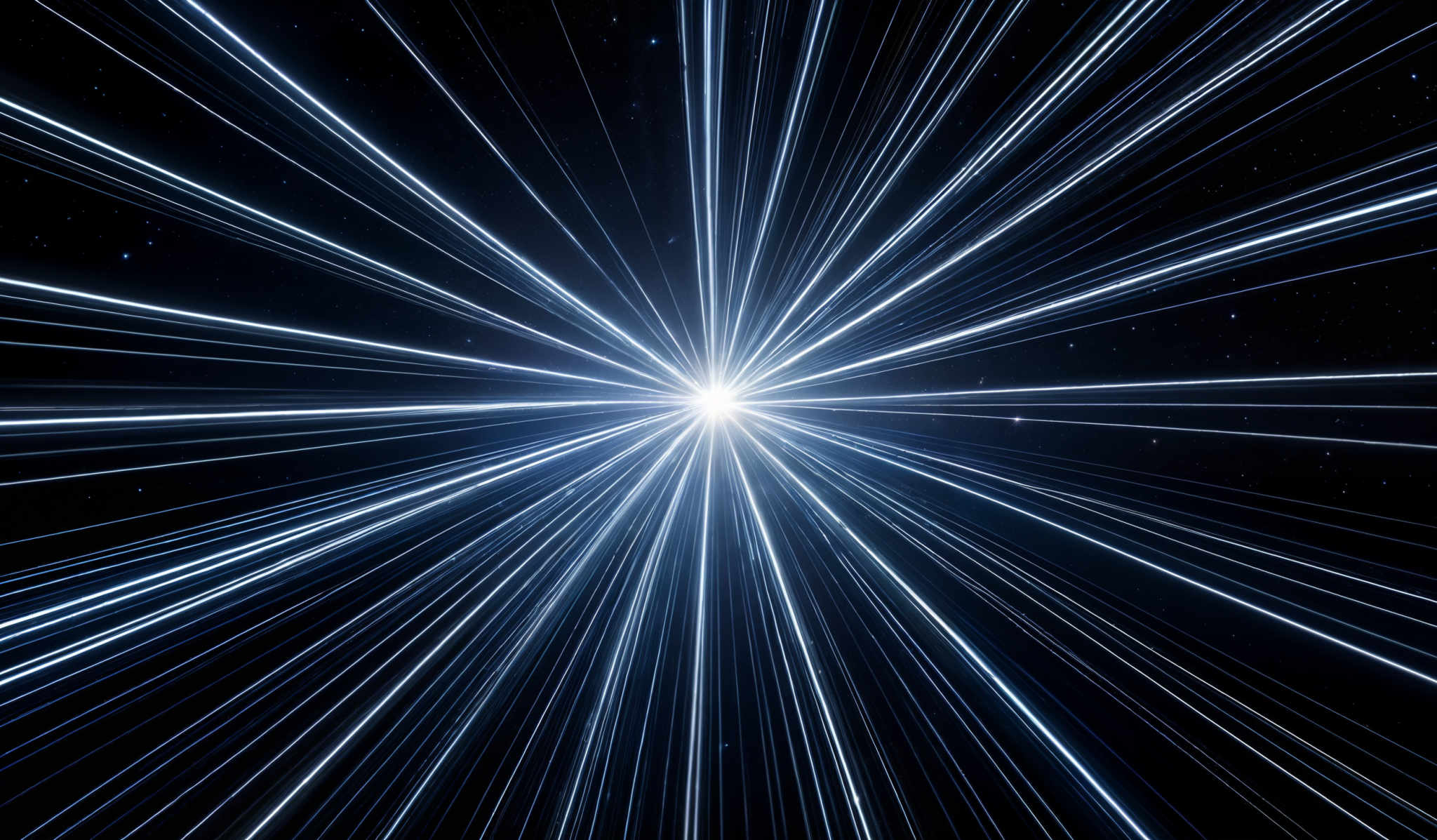 The image showcases a radiant burst of light emanating from a central point, radiating outwards in multiple lines. These lines are bright and appear to be made of a glowing blue substance. The background is dark, possibly representing space, with tiny specks that could be interpreted as distant stars or other celestial objects.