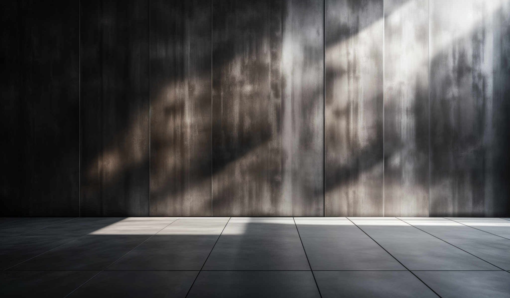 The image showcases a large, dark wooden wall with vertical panels. The wood has a rich, dark hue with streaks of lighter shades, possibly due to light reflections or the natural grain of the wood. The floor is made of large, square tiles, all of which are dark in color, possibly black or deep gray. The tiles are laid out in a grid pattern. On the right side of the image, there's a glimpse of a window or a door with a metallic frame, which allows a streak of light to fall onto the wall, creating a contrast between the light and dark areas.