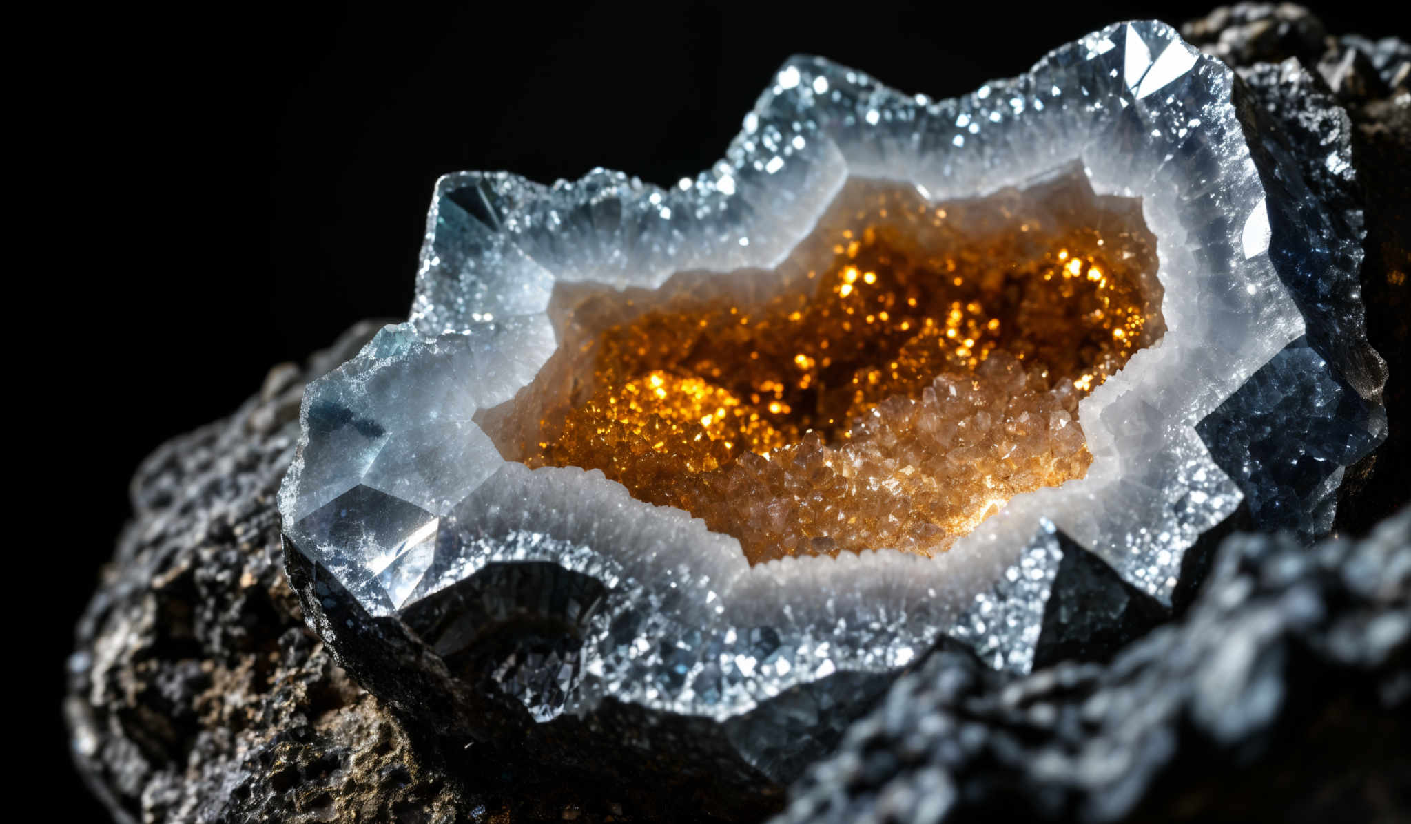 The image showcases a geode-like mineral formation. The geode has a roughly hexagonal shape with sharp edges. The outer layer of the geode is translucent and appears to be made of crystalline material, possibly quartz. The inner part of the mineral is vibrant and golden in color, filled with small, shiny crystals that resemble gold flakes or sparkles. The surrounding rock or matrix is dark, providing a stark contrast to the luminous inner part.