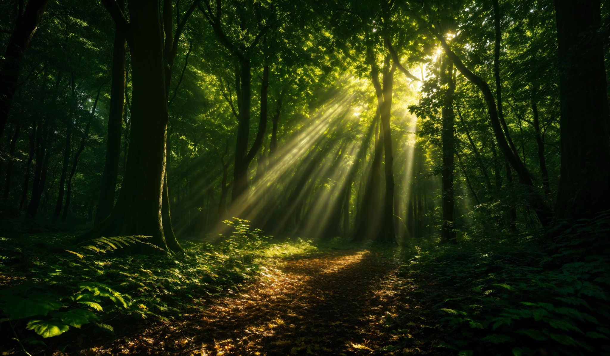 The image showcases a lush forest with tall, slender trees. The predominant colors are various shades of green, representing the dense foliage. The sunlight pierces through the canopy, casting ethereal beams of light that illuminate the forest floor. The forest floor is covered with fallen leaves, and there are ferns and other undergrowth visible. The overall ambiance is serene and mystical.