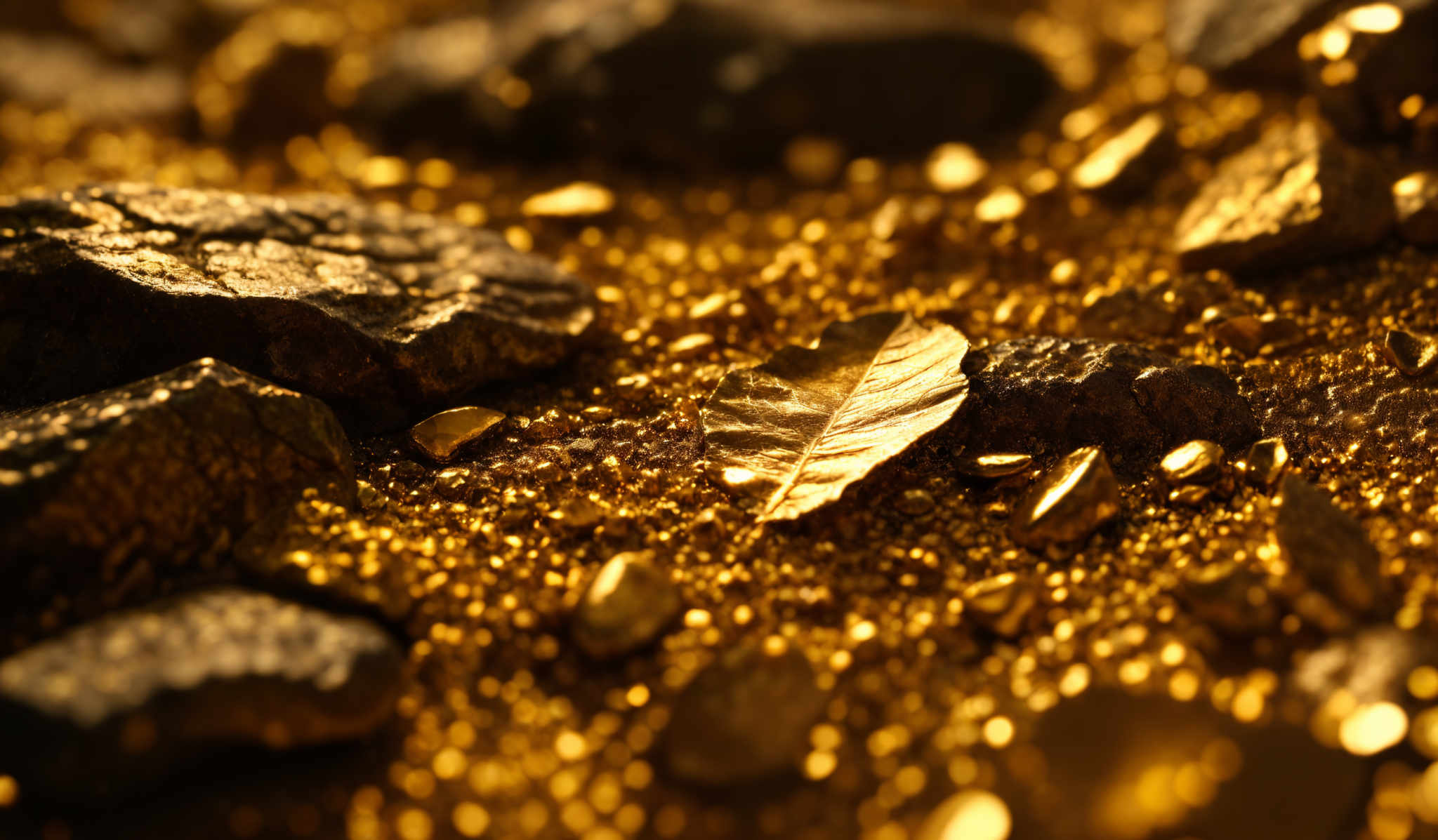 The image predominantly features shades of gold and brown. The primary focus is on a leaf-like object that appears to be made of gold, resting on a bed of smaller golden particles or grains. Surrounding the leaf are darker, irregularly shaped rocks or pebbles. The lighting casts a warm glow, emphasizing the reflective properties of the gold.