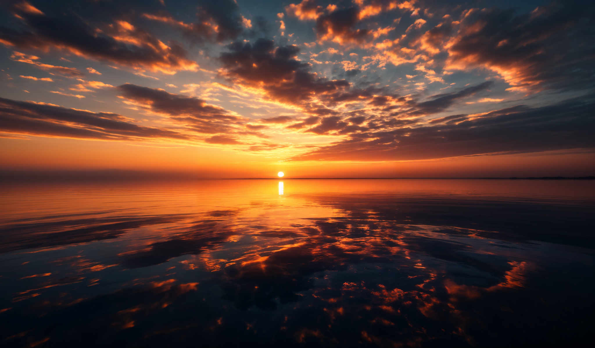 The image showcases a breathtaking sunset over a calm body of water. The sky is painted with a myriad of colors, ranging from deep blues to fiery oranges and reds. The sun, positioned near the horizon, emits a brilliant golden hue that reflects upon the water below. The clouds in the sky are scattered, with some appearing fluffy and others taking on a more elongated shape. The reflection of the sunset and the clouds on the water creates a symmetrical and harmonious visual effect.