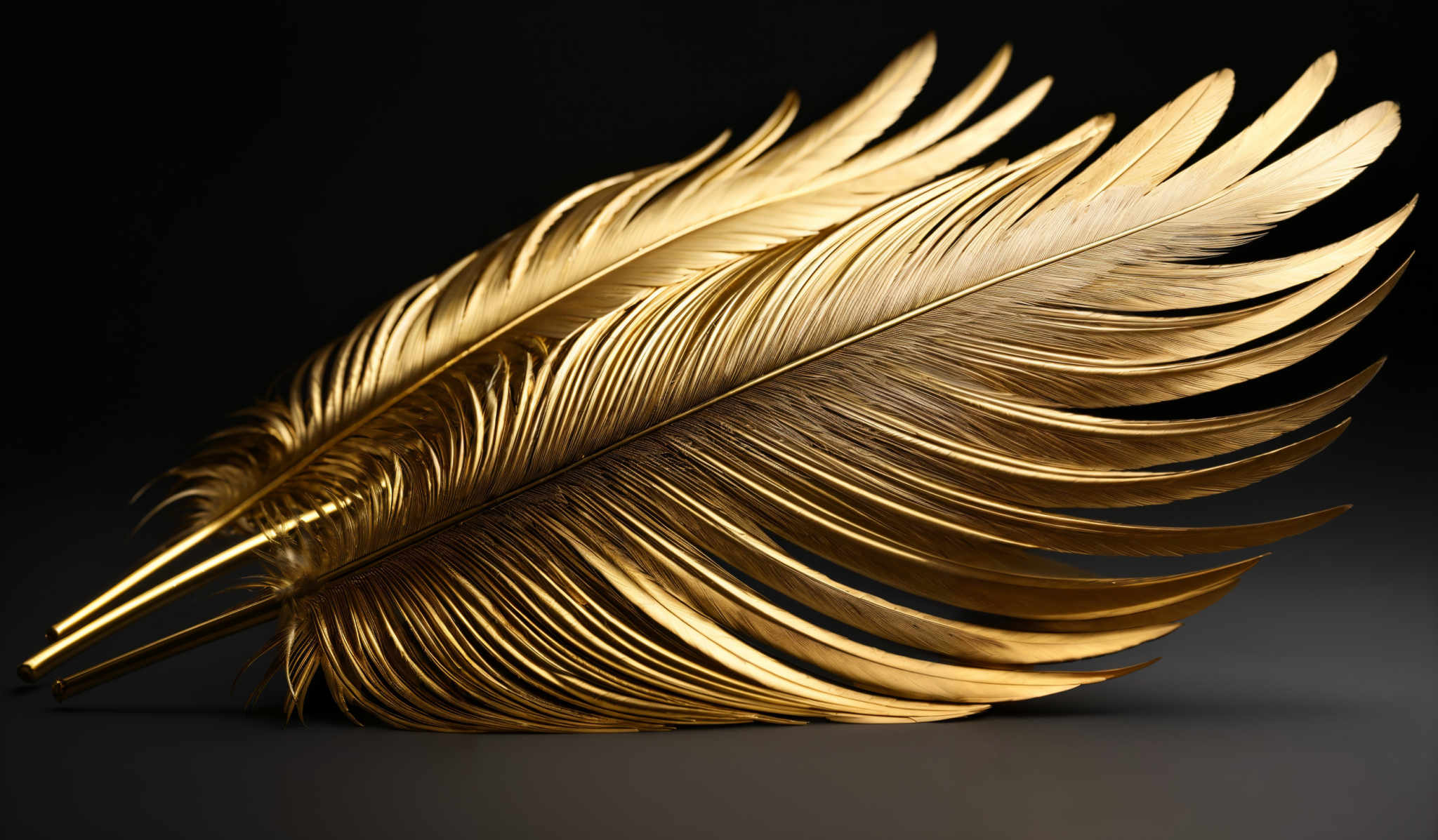 The image showcases two golden feathers against a dark background. The feathers are intricately detailed, displaying a rich, shimmering gold color. The shape of the feathers is reminiscent of a bird's wing, with elongated, feathered strands radiating outwards. The background is deep black, which accentuates the luminosity and richness of the gold feathers.