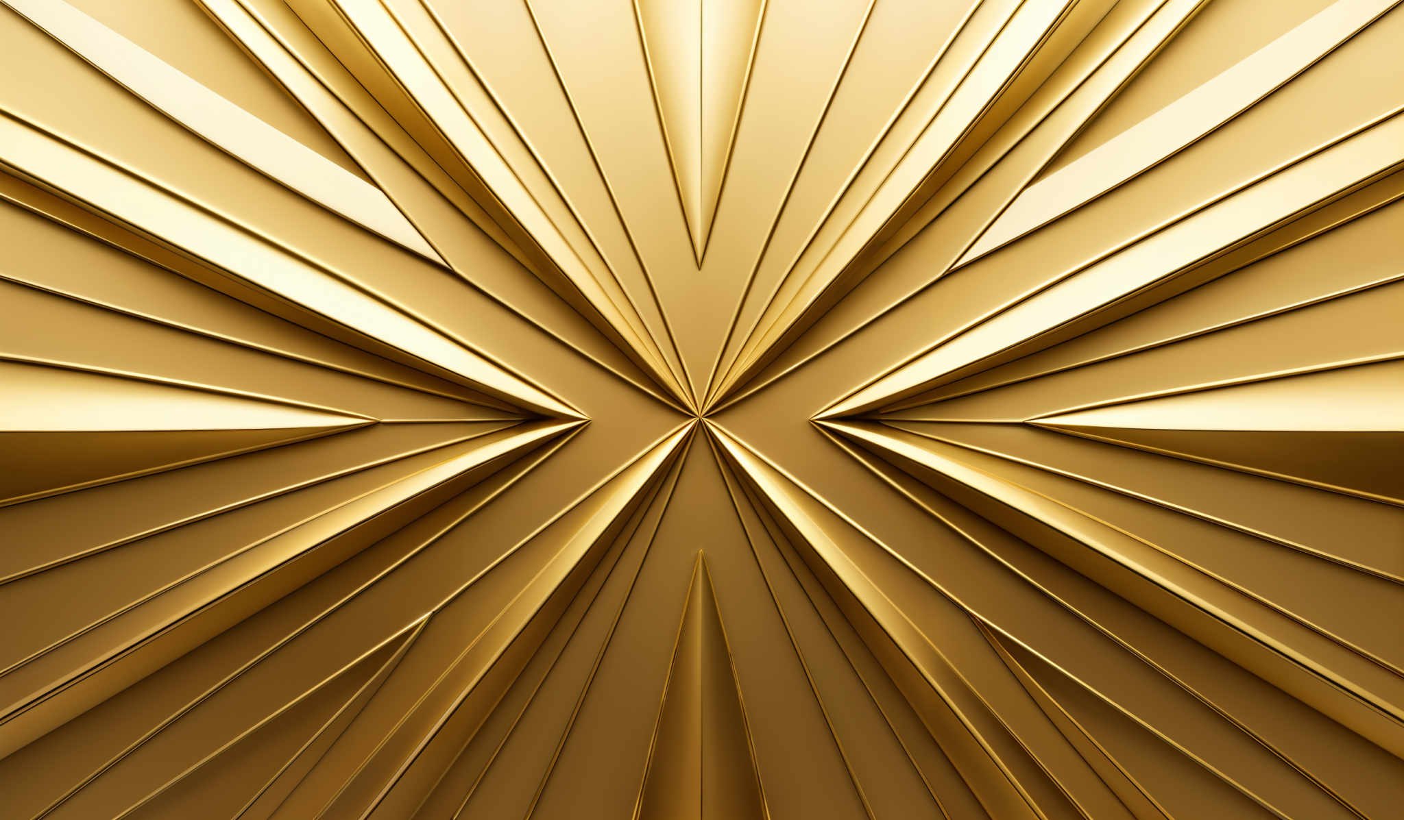 The image showcases a symmetrical design with a golden hue. It features sharp, angular lines converging towards a central point, creating a radial pattern. The design appears to be three-dimensional, giving it a sense of depth and dimension. The repetitive pattern and the meticulous arrangement of the lines give it a structured and organized appearance.