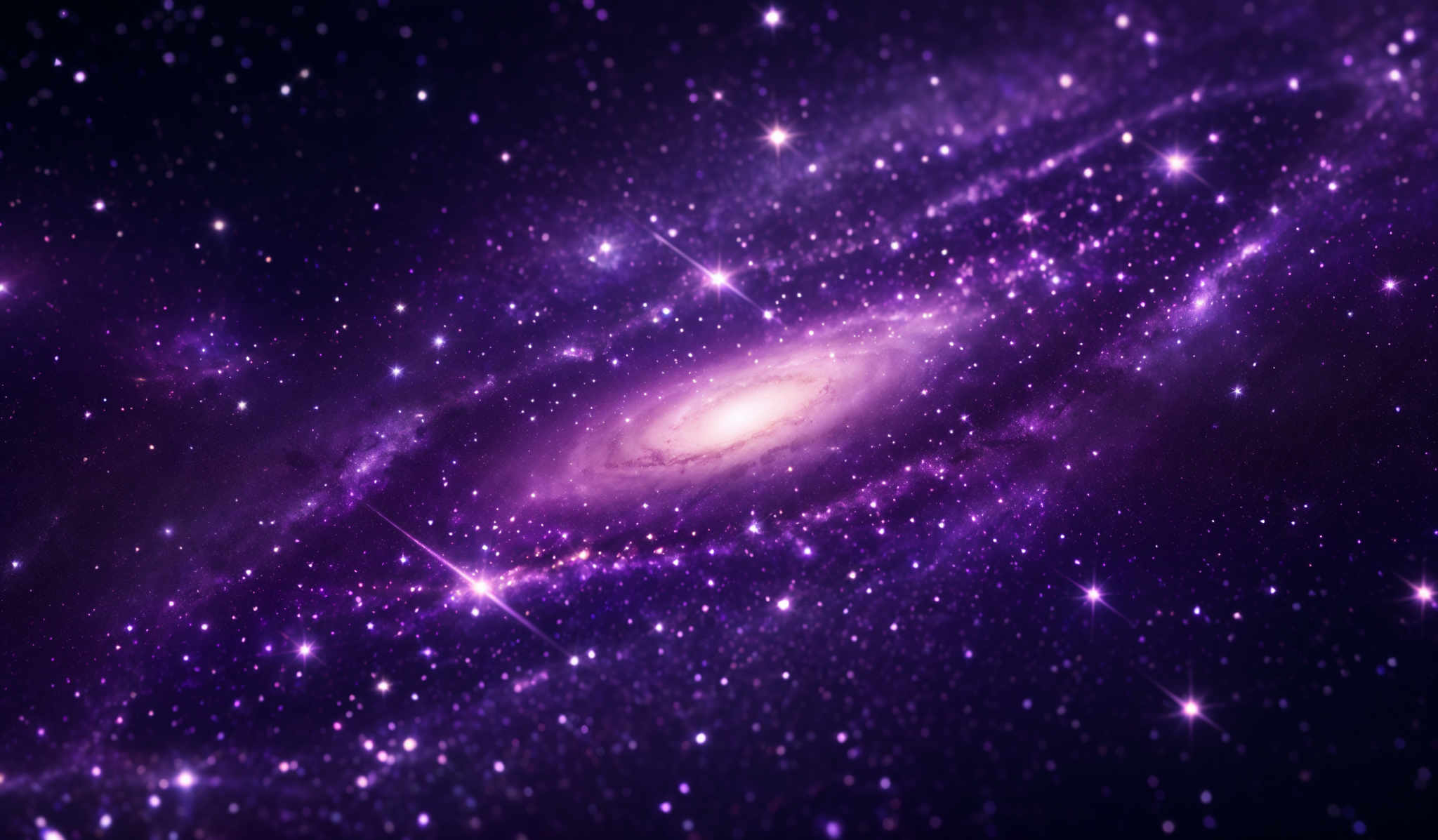 The image showcases a vibrant and mesmerizing cosmic scene. Dominated by hues of purple and blue, it features a galaxy with a bright, glowing core surrounded by swirling arms filled with stars. The background is dotted with numerous stars, creating a sense of depth and vastness. The overall shape of the galaxy resembles a spiral, with its arms extending outward from the core.