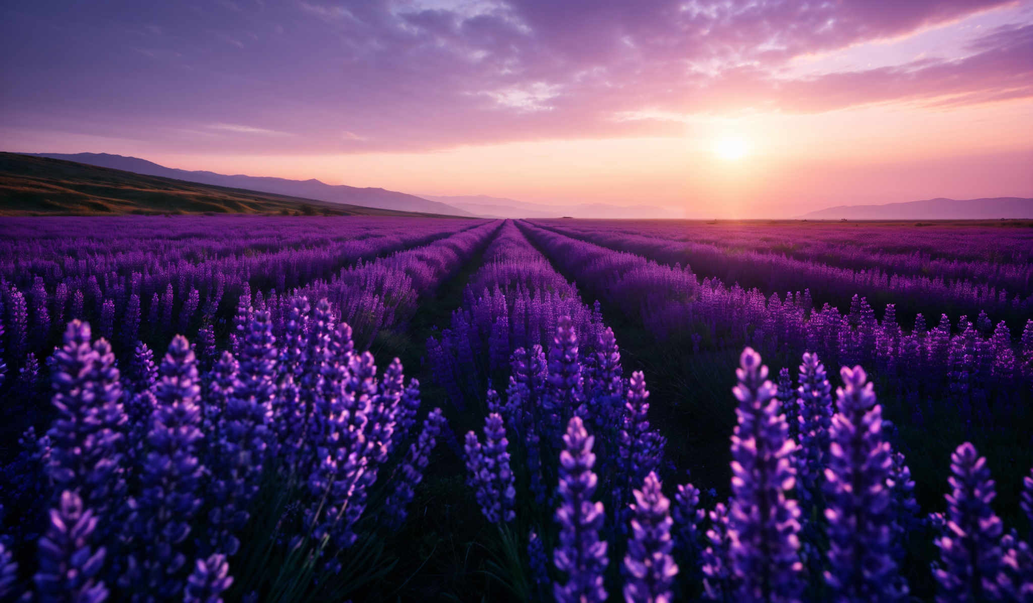 The image showcases a breathtaking landscape during sunset. The dominant colors are shades of purple, pink, and gold from the setting sun. The sky is painted with hues of pink and purple with scattered clouds. The landscape consists of rows of lavender fields that stretch out to the horizon. The lavender plants are in full bloom, displaying tall spikes of purplish-blue flowers. In the distance, there are rolling hills and mountains, bathed in the soft glow of the setting light.