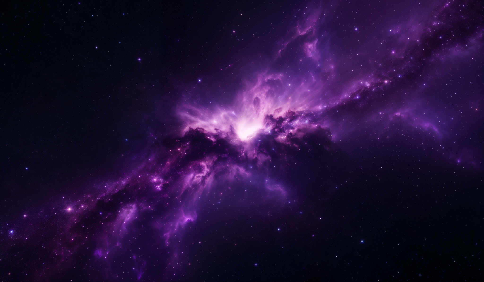 The image showcases a vibrant cosmic scene with a deep purple and blue hue dominating the background. The central region is illuminated with a bright white light, possibly representing a star or a supernova. Surrounding this central light are swirling patterns of purple gas and dust, creating a nebula-like appearance. The nebular structures are intricate, with some parts appearing wispy and others more dense. The vastness of space is filled with numerous tiny white dots, likely representing distant stars.