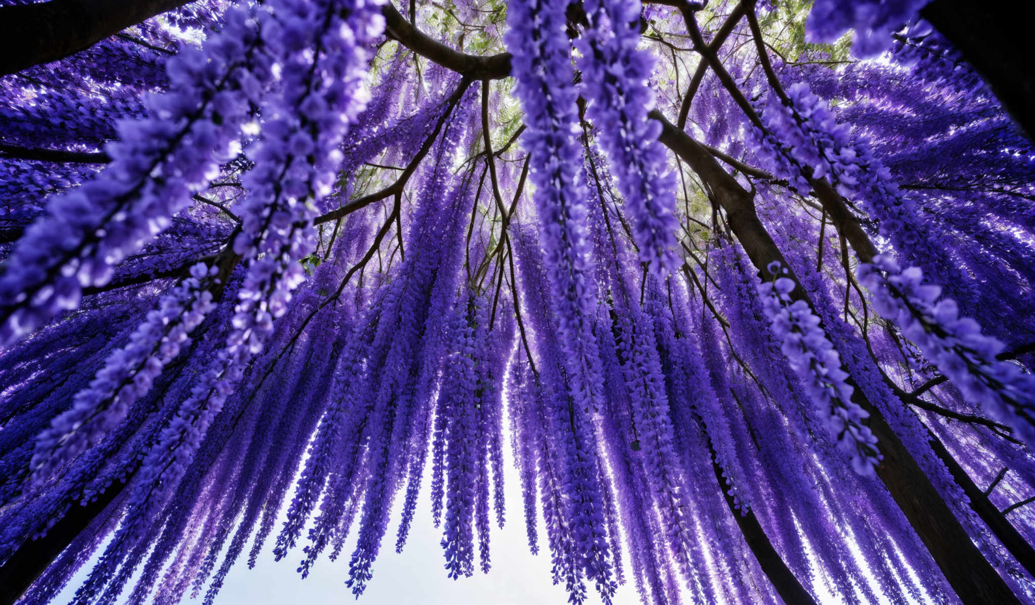 The image showcases a stunning display of cascading purple flowers. The flowers are elongated and hang down in dense clusters, creating a canopy-like effect. The color is vibrant and captivating, with each flower exhibiting a rich shade of purple. The shape of the flowers is somewhat oval, with a slightly pointed tip. The background is blurred, emphasizing the depth and density of the flower canopy, and it appears to be a bright day with sunlight filtering through.