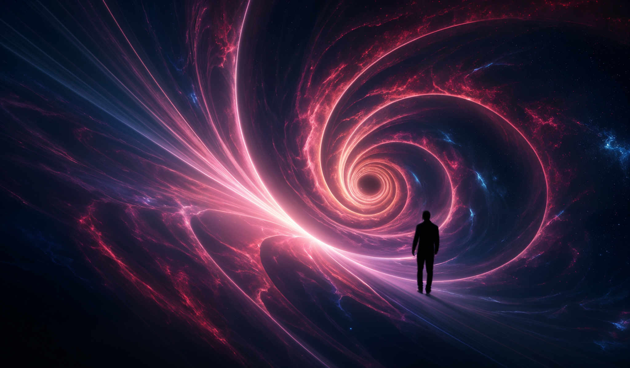 The image showcases a vibrant cosmic scene with swirling patterns of colors. Dominant colors include deep blues, fiery reds, and bright whites. The central focus is a spiraling vortex, emanating a bright light, which seems to be drawing everything into its center. Surrounding this vortex are intricate patterns of light and energy, giving the impression of a cosmic whirlpool. On the right side of the image, there's a silhouette of a person standing, seemingly observing the mesmerizing cosmic display. The person appears small in comparison to the vastness of the universe depicted around them.