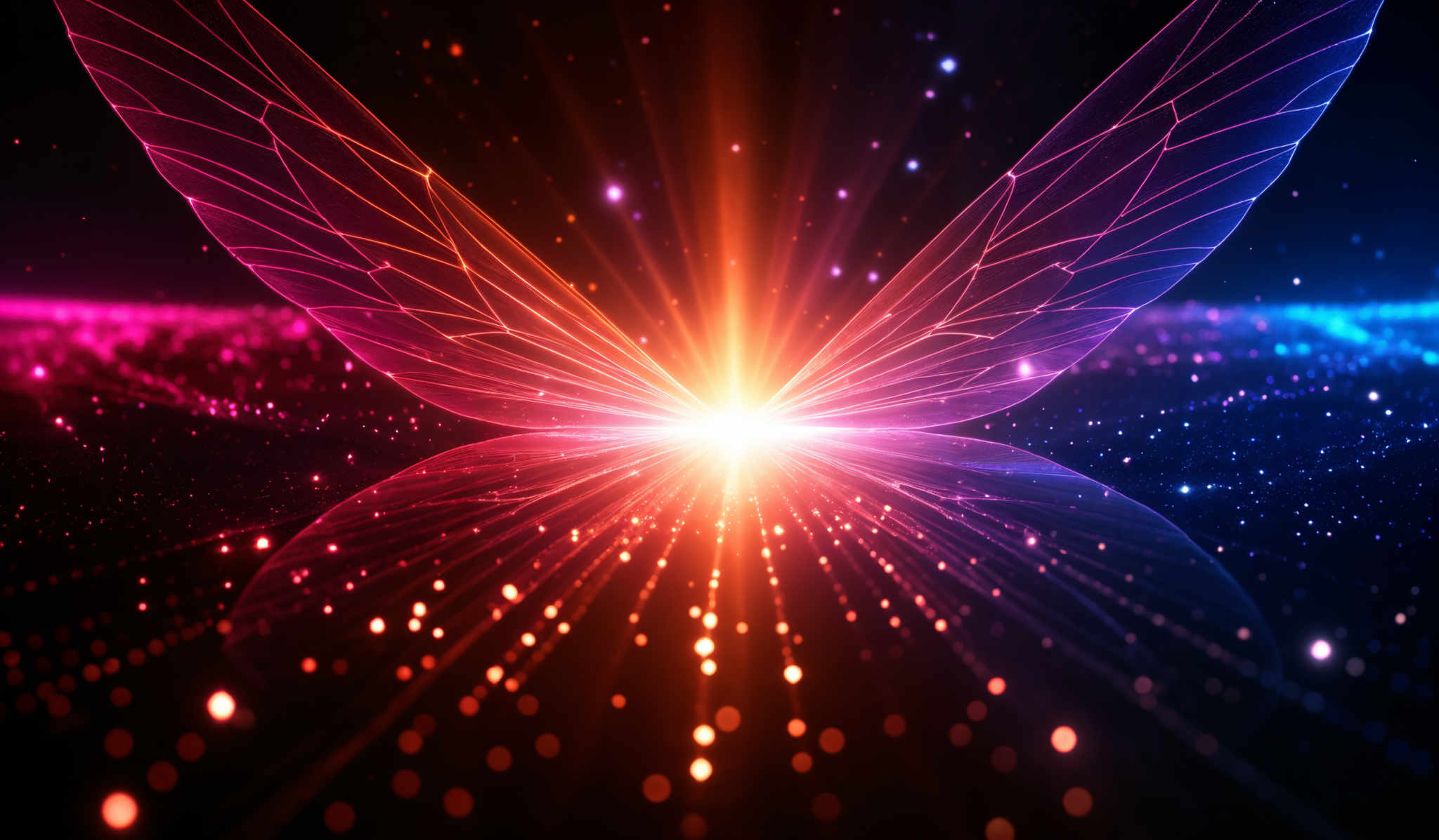 The image showcases a vibrant and mesmerizing visual of a butterfly or wing-like structure emanating from a central point. The wings are intricately designed with a network of lines and patterns, giving them a digital or futuristic appearance. The color palette is dominated by hues of pink, blue, and orange, creating a radiant and ethereal ambiance. The background is filled with a myriad of small, glowing dots, possibly representing stars or other celestial bodies, further enhancing the cosmic or otherworldly feel of the image, with a horizon line that suggests depth and vastness.