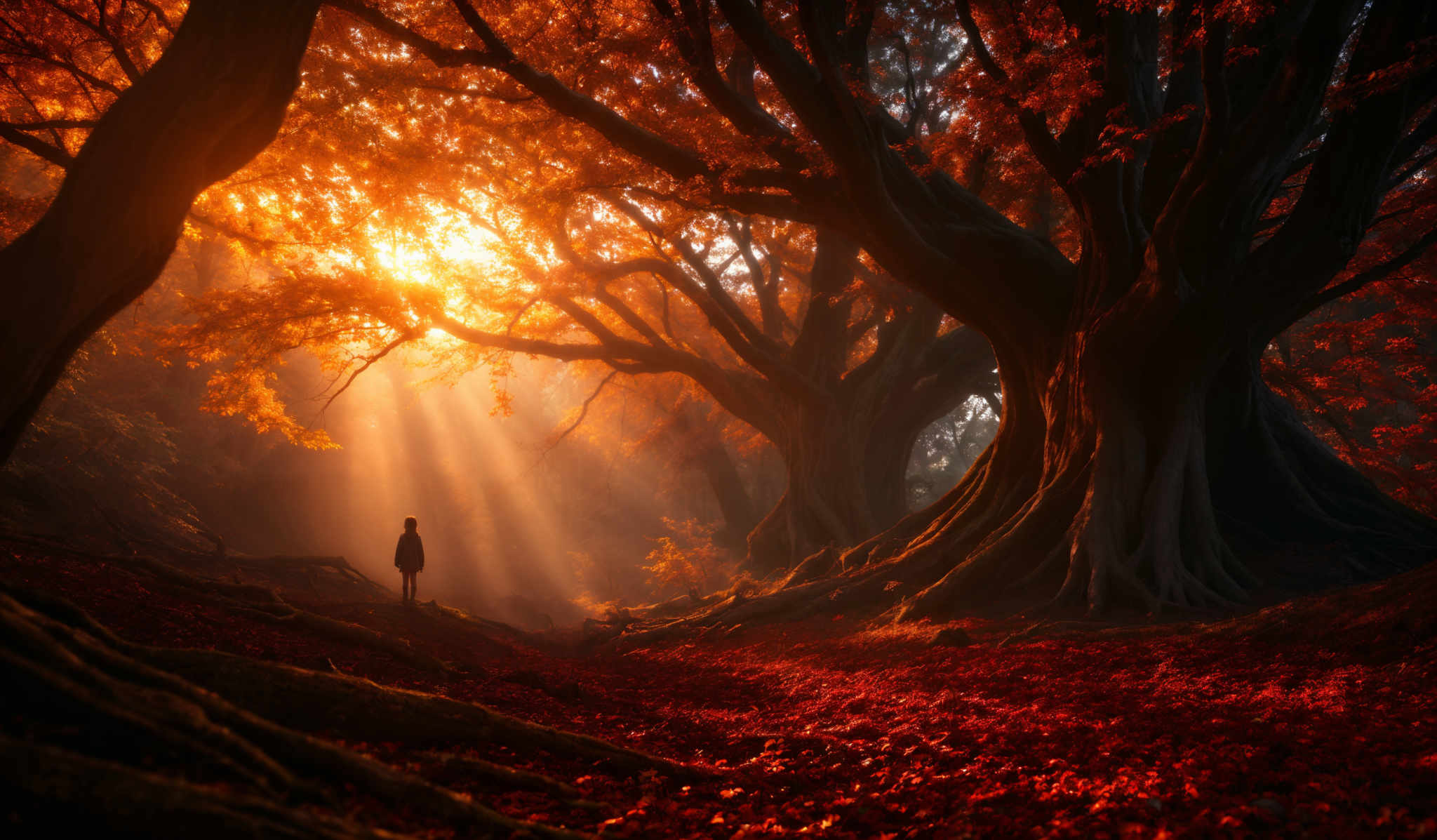 The image showcases a breathtaking forest scene during autumn. The dominant colors are warm hues of orange, red, and gold, representing the autumn leaves. The trees have large, twisted trunks and sprawling branches, some of which are covered in moss. The ground is carpeted with a thick layer of red leaves, creating a vibrant contrast with the darker patches of the forest floor. Sunlight filters through the canopy, casting a golden glow and creating ethereal rays that pierce the scene. In the distance, a lone figure stands, silhouetted against the light, adding a sense of scale and mystery to the image, emphasizing the vastness and beauty of nature.