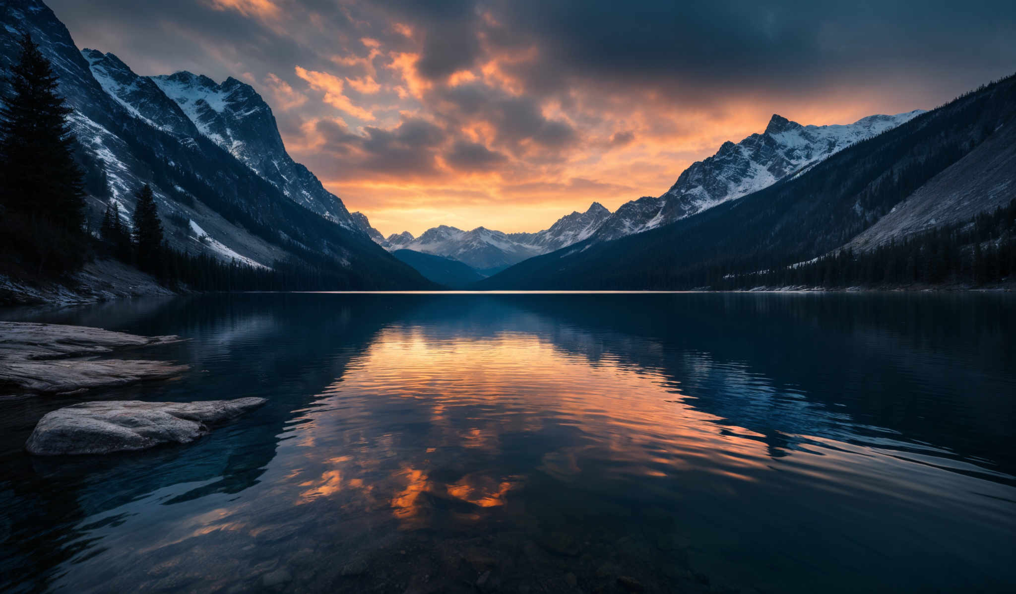 The image showcases a breathtaking landscape during what appears to be either sunrise or sunset. The sky is painted with hues of orange, pink, and blue, with dramatic cloud formations reflecting the fiery colors. The mountains in the background are covered with snow, and their peaks pierce the sky. In the foreground, there's a serene lake with clear reflections of the sky and mountains. On the left side of the lake, there are rocky formations protruding from the water. The entire scene exudes a sense of tranquility and awe.