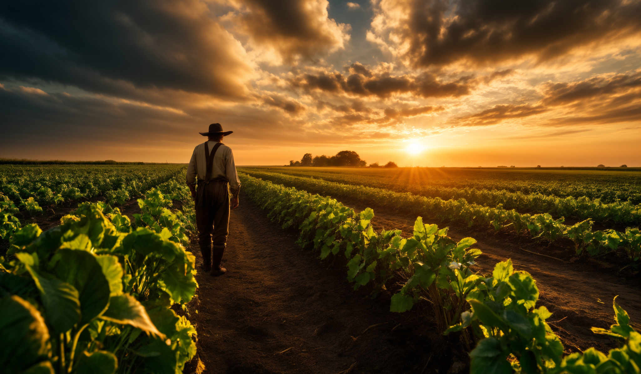 The image showcases a vast agricultural field with rows of green crops. The sky is painted with hues of orange, gold, and deep blue, indicating either a sunrise or sunset. Dark, dramatic clouds are scattered across the sky, contrasting with the bright sunlight. In the foreground, there's a farmer, seen from the back, walking along a path between the crops, wearing a hat and overalls. The overall mood of the image is serene and contemplative.