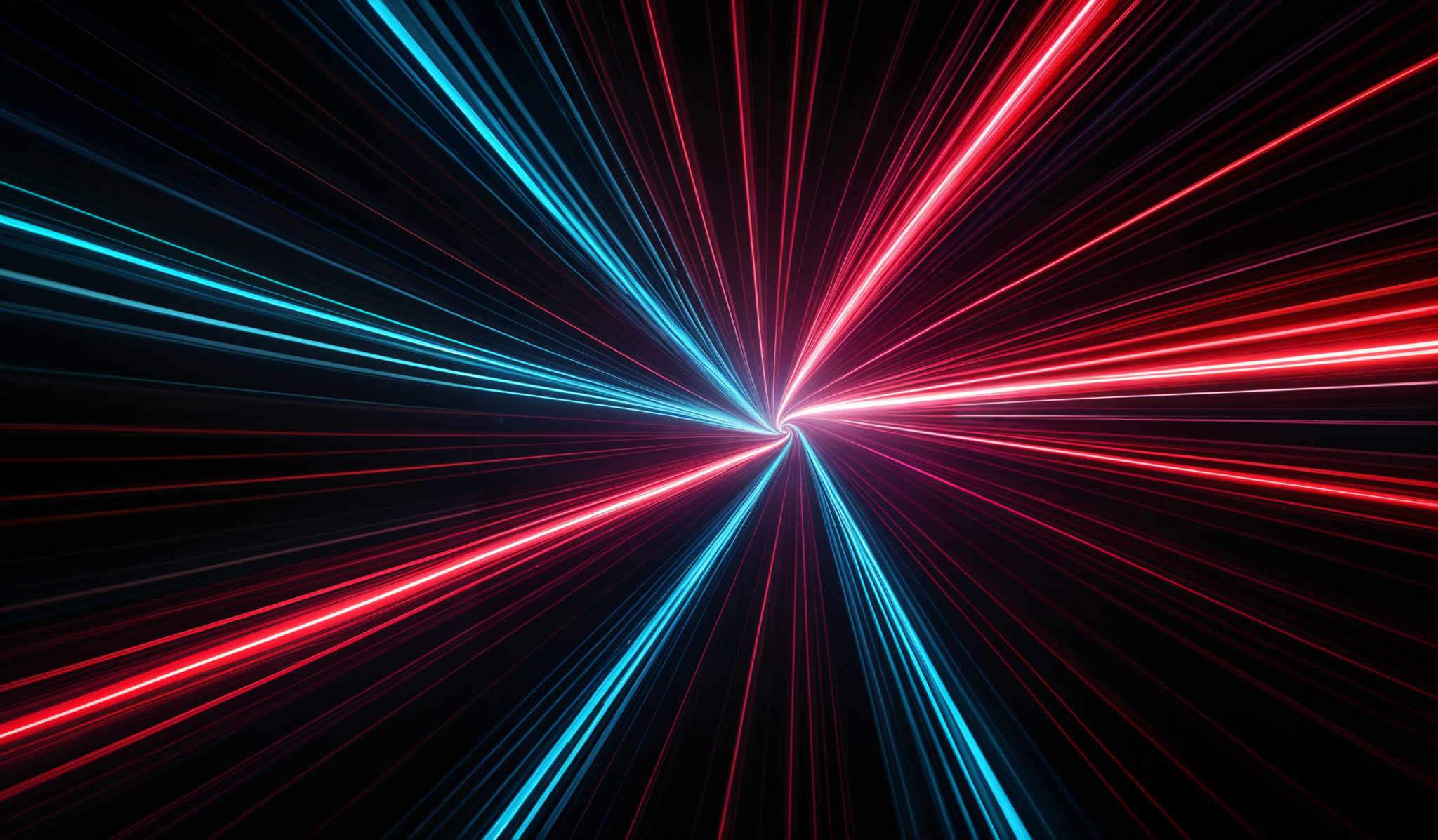 The image showcases a vibrant and dynamic visual of converging lines. These lines radiate outwards from a central point, creating an effect reminiscent of a tunnel or a wormhole. The colors are a mix of deep blues, bright reds, and hints of purple. The lines are uniformly spaced, giving a sense of symmetry and balance. The overall impression is one of speed, energy, and perhaps even a journey into the unknown.