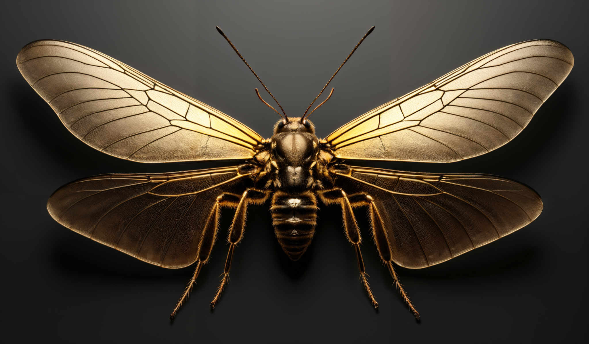 The image showcases a metallic representation of an insect, possibly a type of moth or butterfly. The insect is depicted with translucent wings that have a golden hue, revealing the intricate vein patterns. The body of the insect is also metallically shiny, with a darker brown or bronze color. The antennae are long and thin, pointing upwards. The overall aesthetic gives the insect a shiny and almost precious appearance.