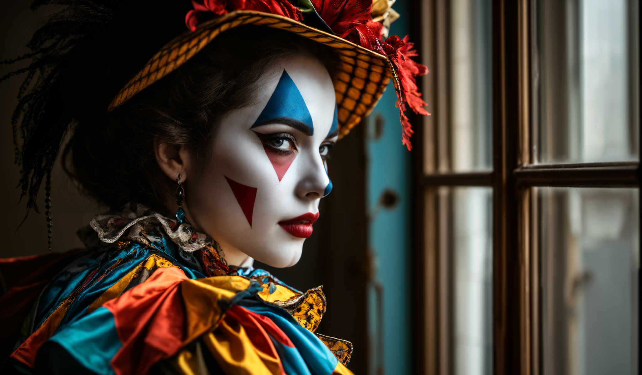 The image showcases a woman with a striking appearance. She has a pale complexion and her face is adorned with vibrant makeup. There are blue diamond-shaped designs on her cheeks, and her eyes are accentuated with dark eyeliner and mascara. She wears a colorful outfit with hues of yellow, blue, and red. The outfit has a ruffled collar and appears to be made of a silky or satin material. She also dons a hat adorn with red flowers and black feathers. The backdrop is a blurred window, suggesting an indoor setting.