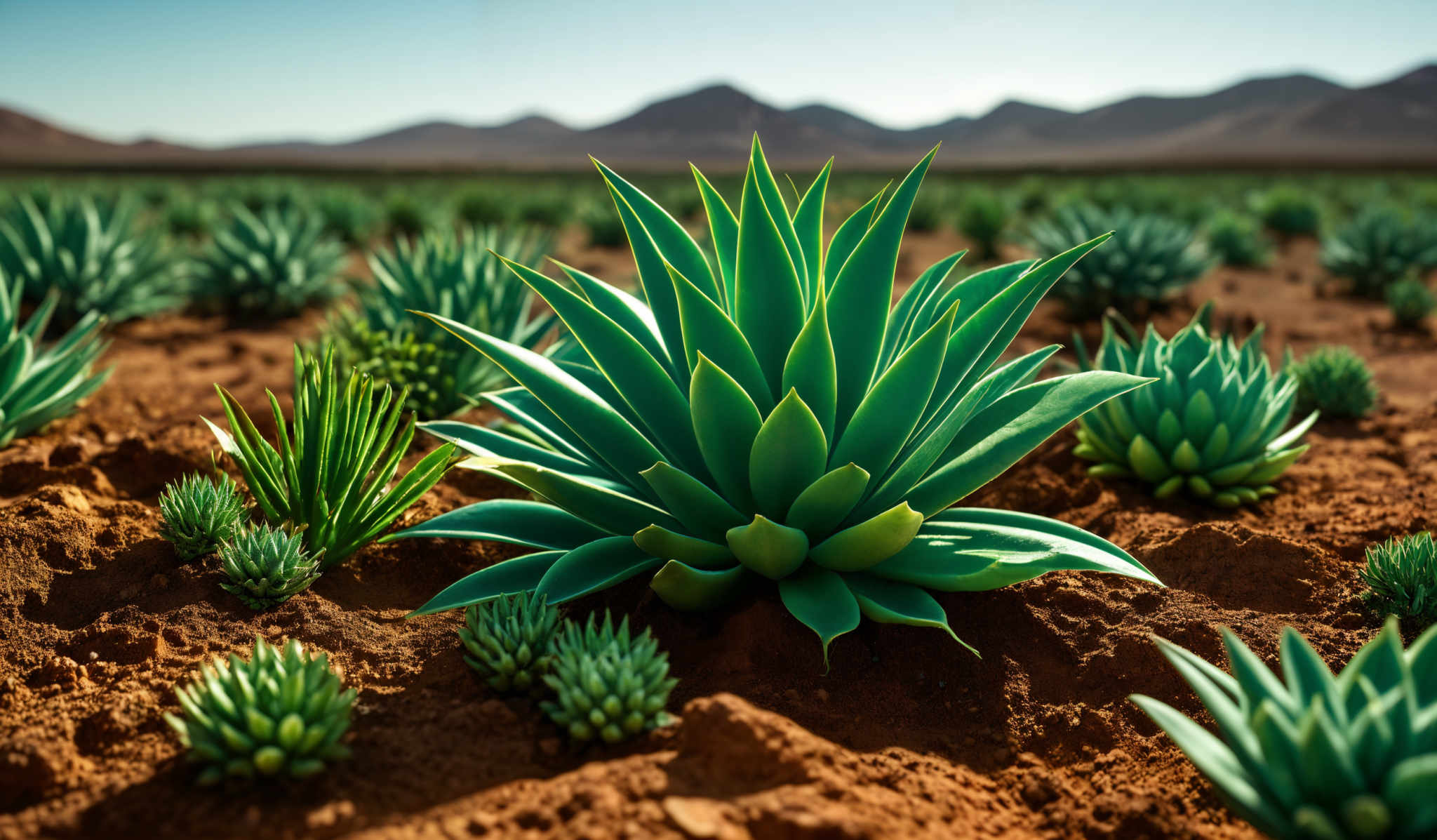 The image showcases a vast landscape dominated by a type of succulent plant, possibly an agave. The plants have a distinct spiky, pointed shape with a smooth, glossy green surface. The soil appears to be rich and brown, and the backdrop features a clear sky and distant mountains.