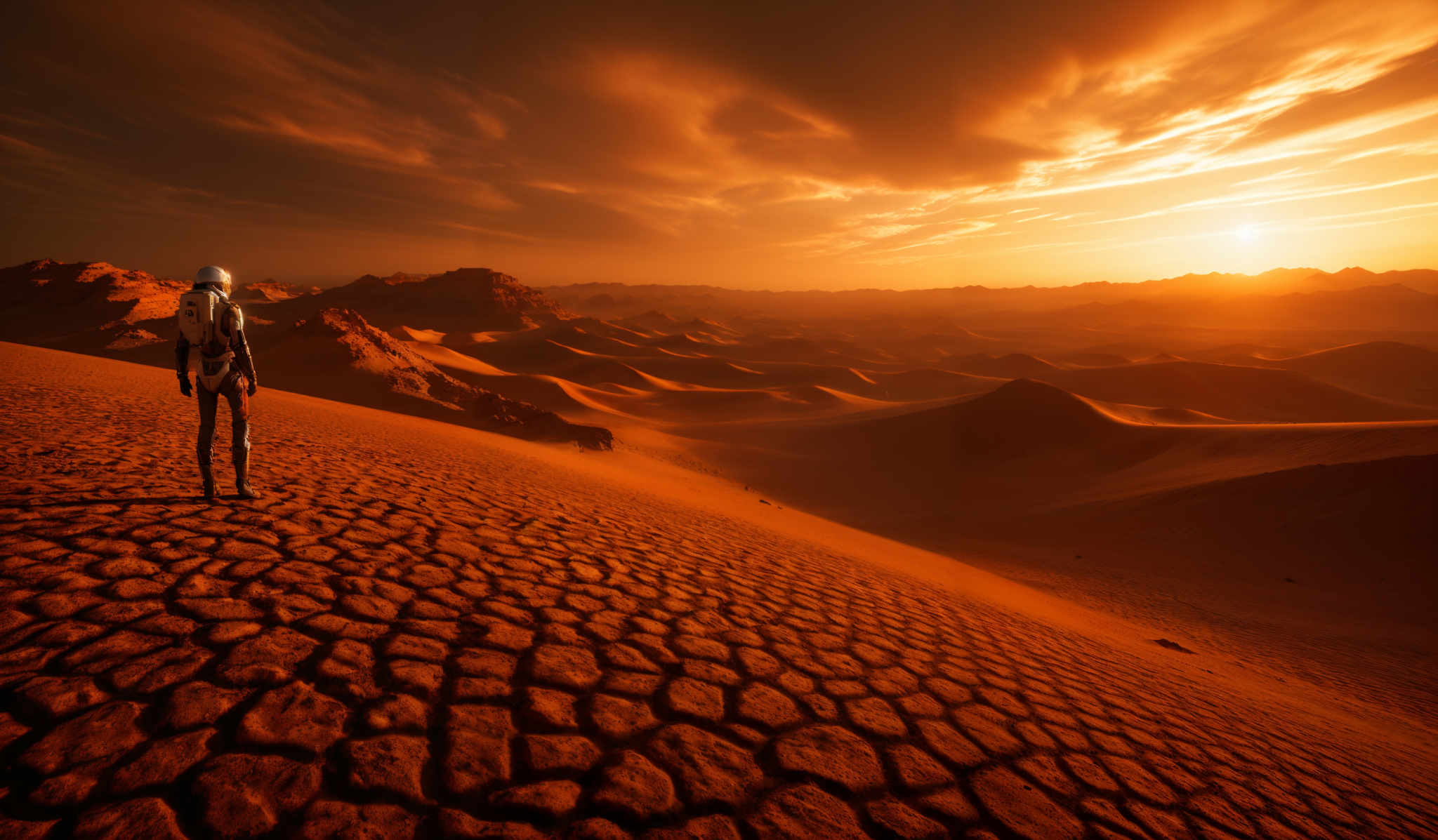 The image showcases a vast desert landscape with rolling sand dunes. The dominant colors are shades of orange and brown, representing the sand and the setting sun. The sky is painted with hues of orange, yellow, and a touch of purple, indicating either a sunrise or sunset. The sun is positioned near the horizon, casting a warm glow over the entire scene. The dunes have a unique pattern, resembling cracked earth, which suggests that the area might be experiencing drought or high temperatures. In the foreground, there's a figure wearing a helmet and backpack, possibly an explorer or traveler, standing and observing the vastness of the desert.