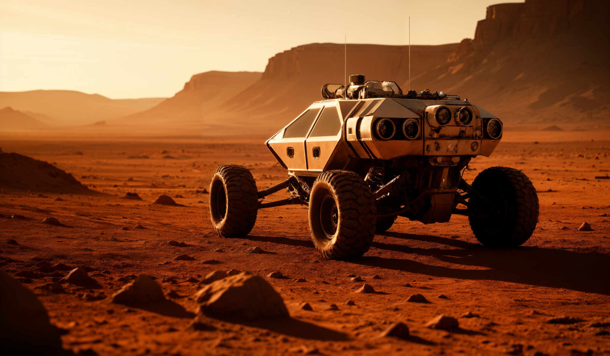 The image showcases a vast desert landscape with reddish-brown sandy terrain. Dominating the foreground is a rugged, off-road vehicle with a boxy design, large wheels, and various equipment attached to its top. The vehicle appears to be equipped for exploration or research, given the antennas and other equipment on its back. The background features towering cliffs and plateaus, bathed in a warm, golden hue, likely due to the setting or rising sun. The sky is clear, and the overall ambiance is one of solitude and adventure.