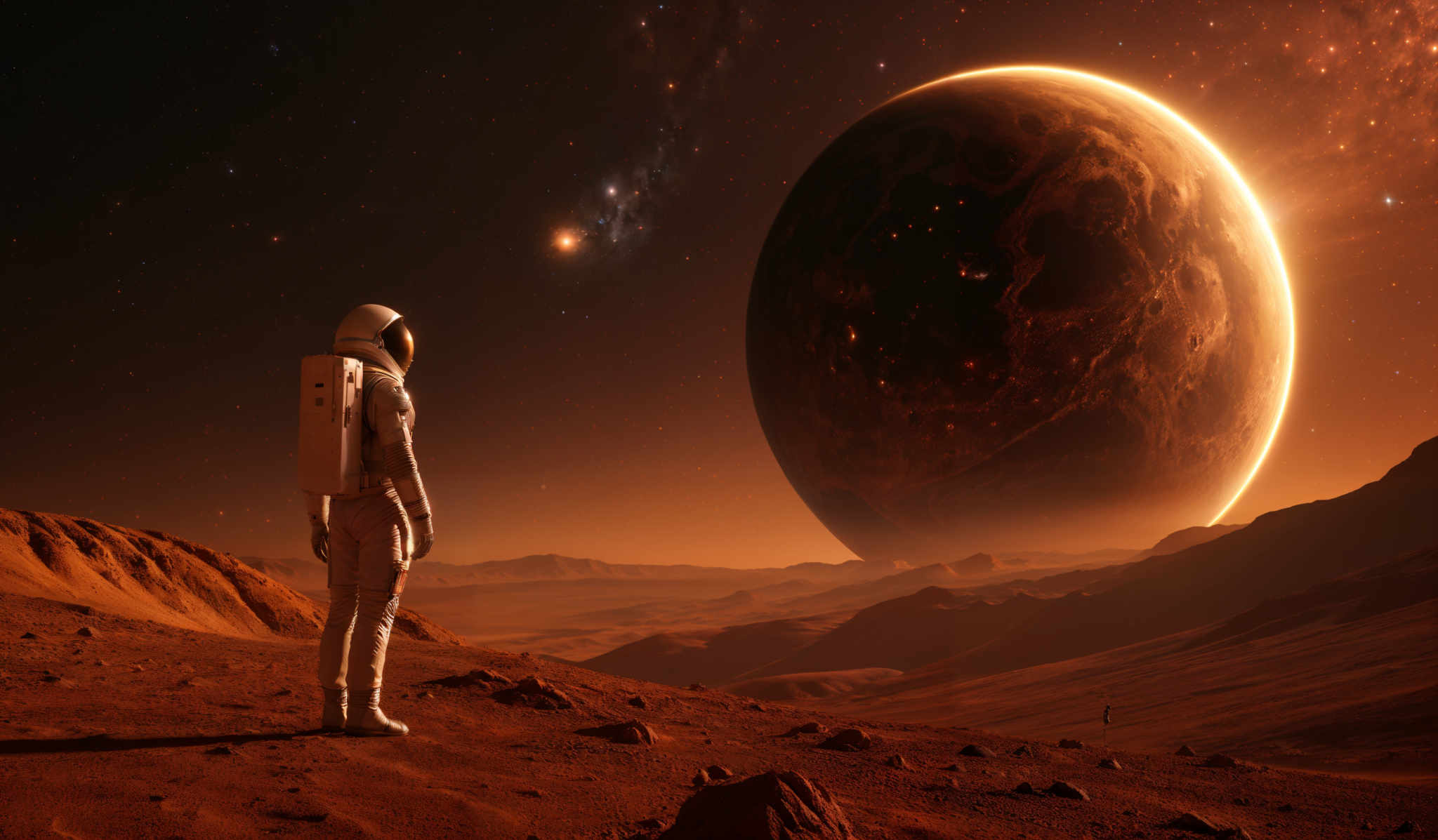 The image showcases a vast, barren landscape with reddish-brown terrain. A lone astronaut stands in the foreground, facing away from the viewer, looking out at the horizon. The sky is filled with stars, and a massive planet, possibly Mars, dominates the background. The planet appears to be partially illuminated, revealing its craters and surface details. The overall color palette is dominated by warm, earthy tones, evoking a sense of solitude and wonder.