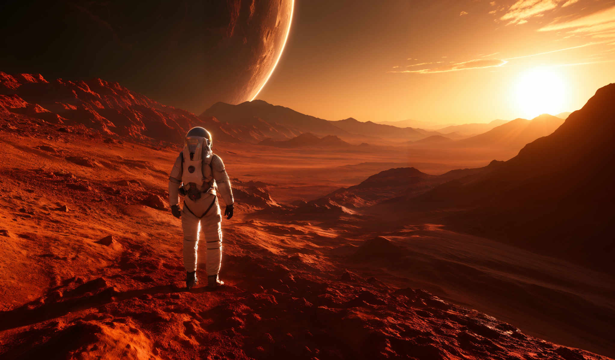 The image showcases a vast, barren landscape with reddish-brown terrain. The sky is dominated by a large, looming planet, which appears to be in close proximity, casting a shadow over the landscape. The sun is visible on the right side, casting its golden hue over the scene. In the foreground, an astronaut stands with their back to the viewer, gazing at the horizon. The astronaut is wearing a white spacesuit with a helmet, and they are equipped with a backpack. The landscape features rugged mountains, valleys, and a winding river or stream.