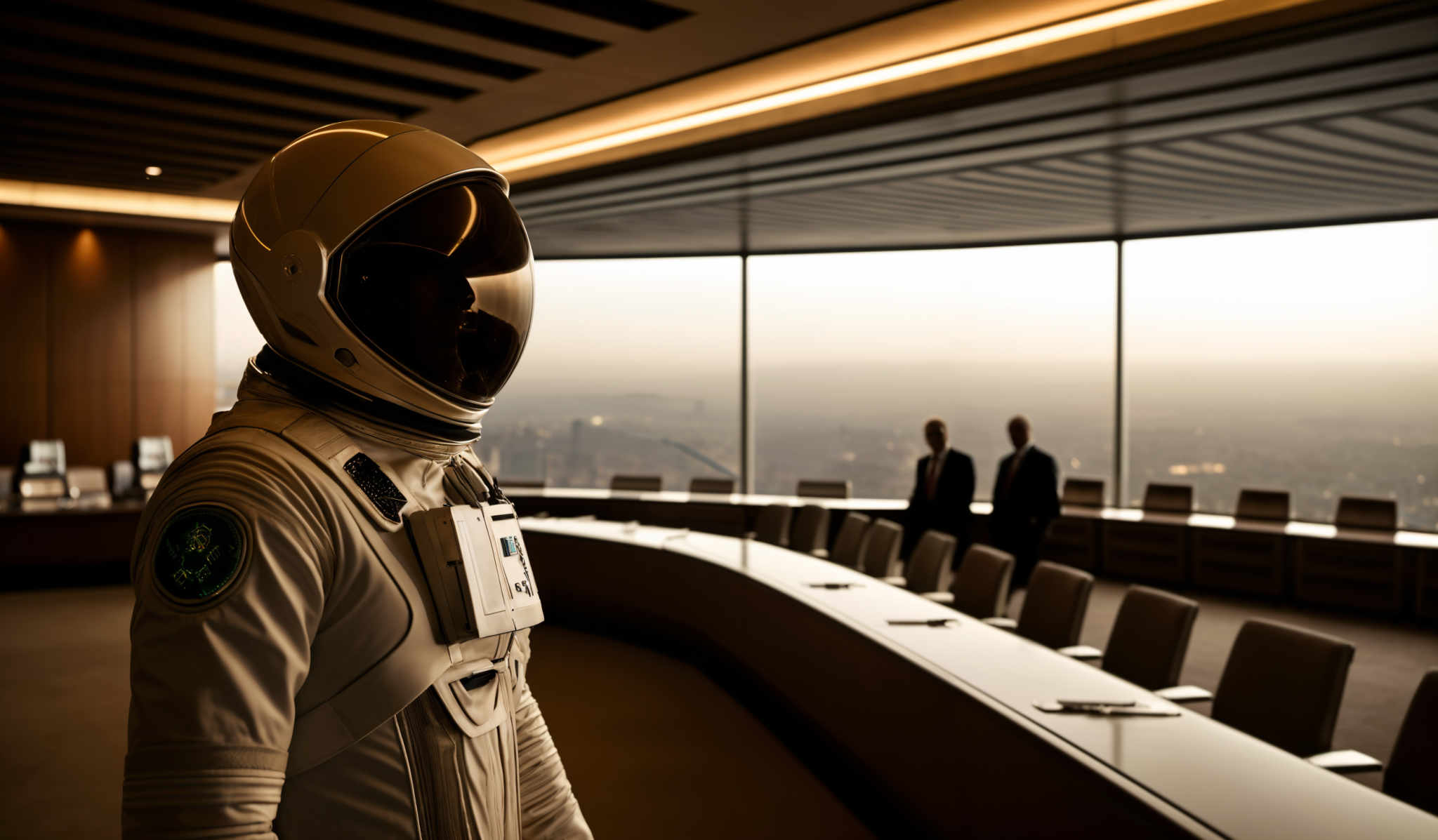 The image showcases a room with a modern design, featuring large windows that offer a panoramic view of a city. The dominant color in the room is a warm brown, seen on the ceiling, walls, and chairs. The focal point of the image is a person wearing a white astronaut suit with a reflective visor. The suit has patches and badges, one of which appears to be a green circular emblem. The person's helmet is turned to the side, revealing a reflection of the room's interior. In the background, there are three individuals dressed in formal attire, standing near a long table with chairs, suggesting a formal meeting or conference setting.