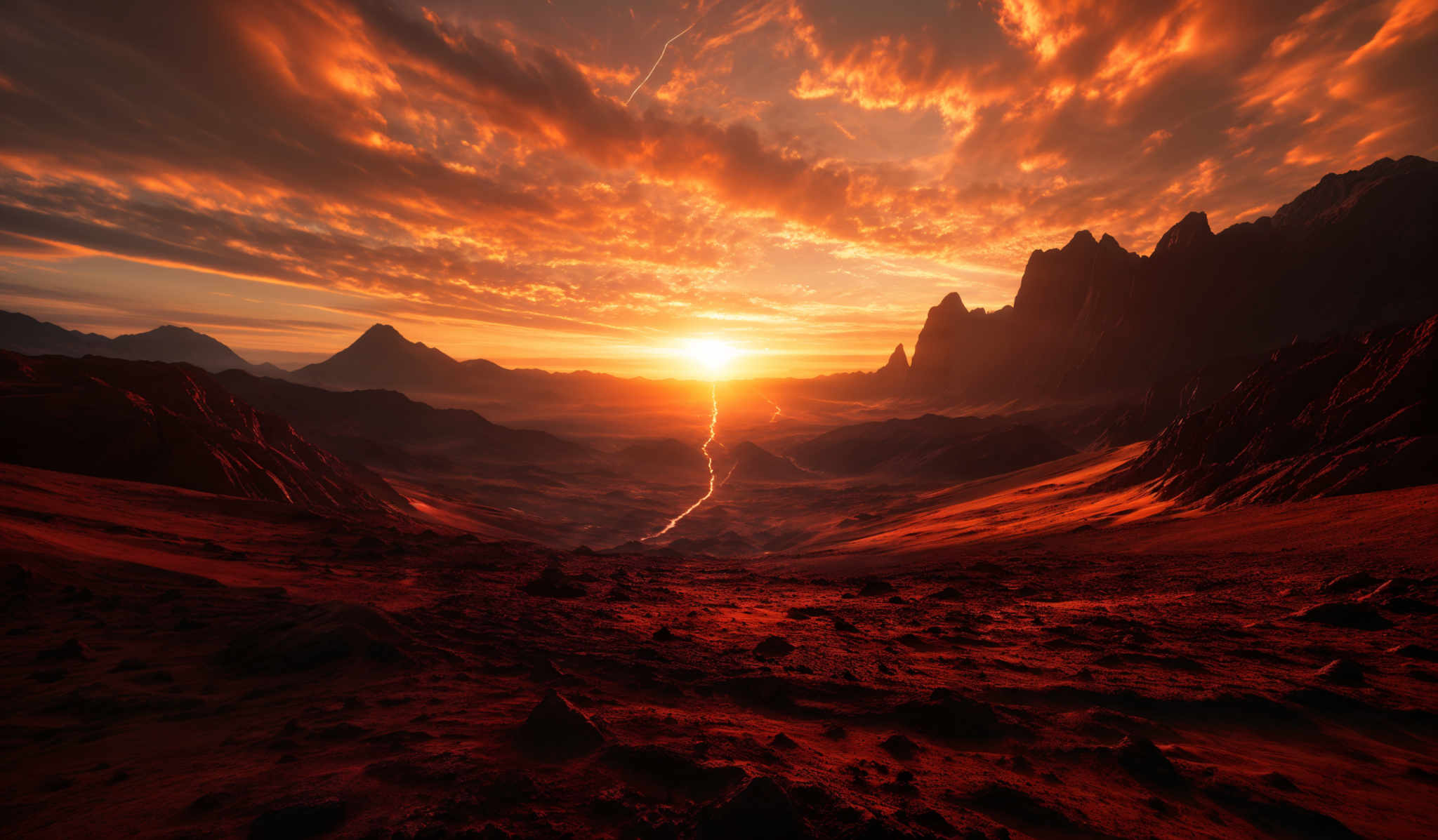 The image showcases a breathtaking landscape during sunset or sunrise. The sky is dominated by fiery hues of orange, red, and yellow, with dramatic cloud formations. The sun casts a golden glow, illuminating the scene below. The landscape features rugged mountains with sharp peaks, and the foreground is covered in reddish-brown sand or rocky terrain. A winding path or river can be seen cutting through the valley, reflecting the sun's light. The overall ambiance is both serene and awe-inspiring.