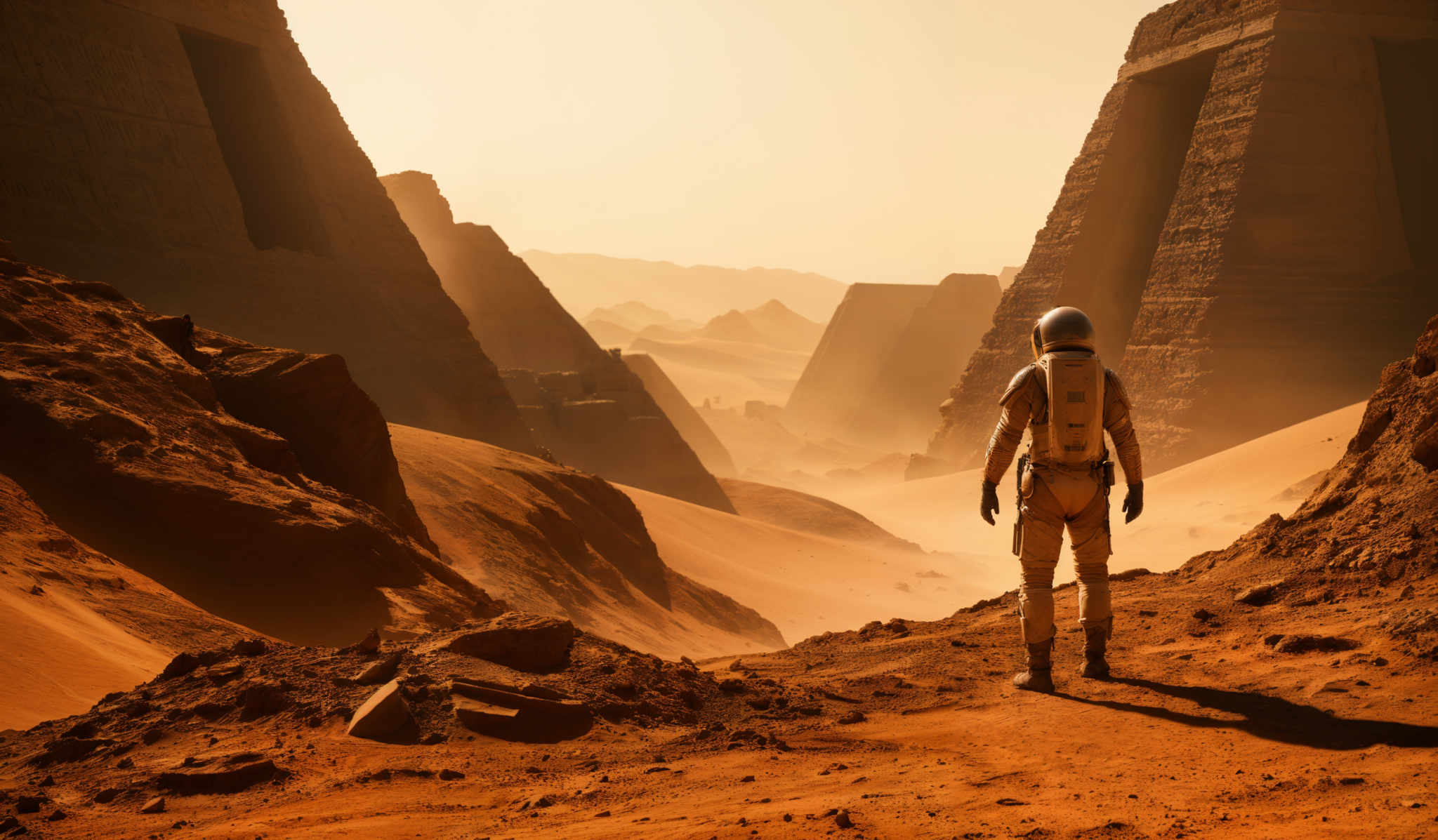 The image showcases a vast desert landscape with towering rock formations. The dominant colors are shades of orange and brown, representing the sand and rocky terrain. The rock formulations are jagged and have a unique rectangular shape, with some having openings or windows. The sky is hazy, suggesting either a sandstorm or a distant horizon. In the foreground, there's an astronaut standing with their back to the viewer, wearing a spacesuit and a helmet. The astronaut appears to be exploring the alien terrain.