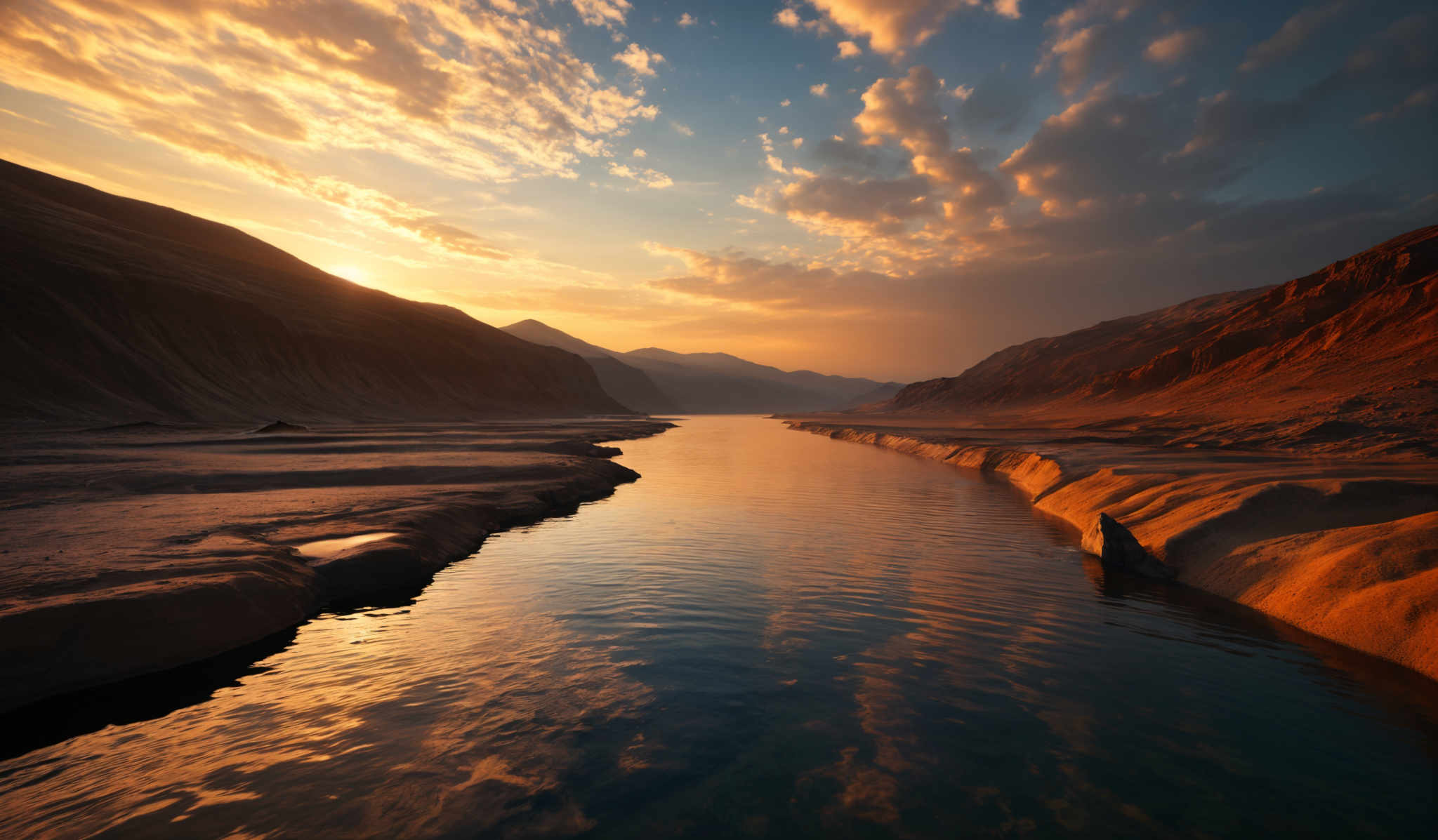 The image showcases a breathtaking landscape during sunset or sunrise. The sky is painted with hues of orange, gold, and blue, with scattered clouds reflecting the sun's light. The sun itself is partially visible, casting a warm glow over the scene. The landscape features a calm river or lake with smooth, reflective waters. On either side of the water, there are rugged terrains with unique rock formations, some of which appear to be eroded over time. The colors range from the deep browns and oranges of the rocks to the serene blues of the sky and water.