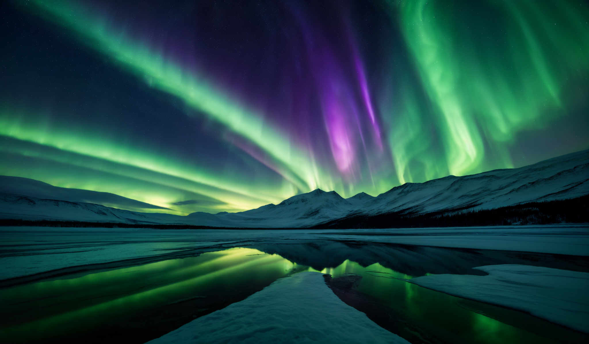 The image showcases the mesmerizing Northern Lights, also known as the Aurora Borealis. These lights display a vibrant array of colors, including deep greens, purples, and hints of yellow. The shapes are predominantly curved and wavy, creating a dance of lights against the dark night sky. The landscape below is snow-covered, with a serene body of water reflecting the lights. Majestic snow-capped mountains stand tall in the background, adding to the grandeur of the scene.