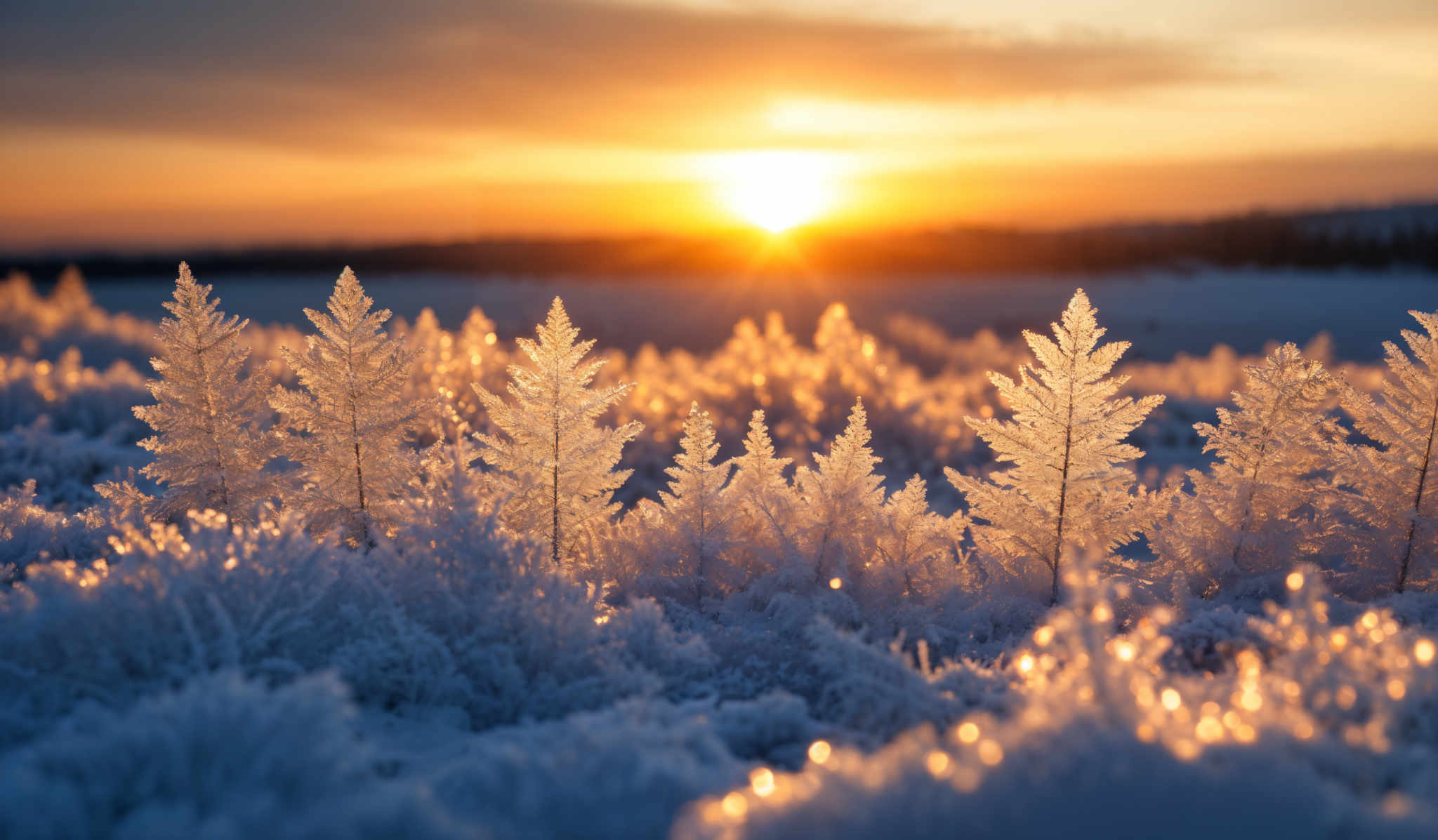 The image showcases a breathtaking winter landscape during sunset. The dominant colors are shades of orange, gold, and deep blue. The sun is setting in the background, casting a warm golden glow over the scene. In the foreground, there are delicate frost-covered plants, resembling small trees, that are crystalline and glistening due to the frost. The frost forms intricate patterns on the plants, making them look like they are adorned with tiny crystals. The overall scene is serene, with the frozen landscape contrasting beautifully against the warm hues of the setting sun.