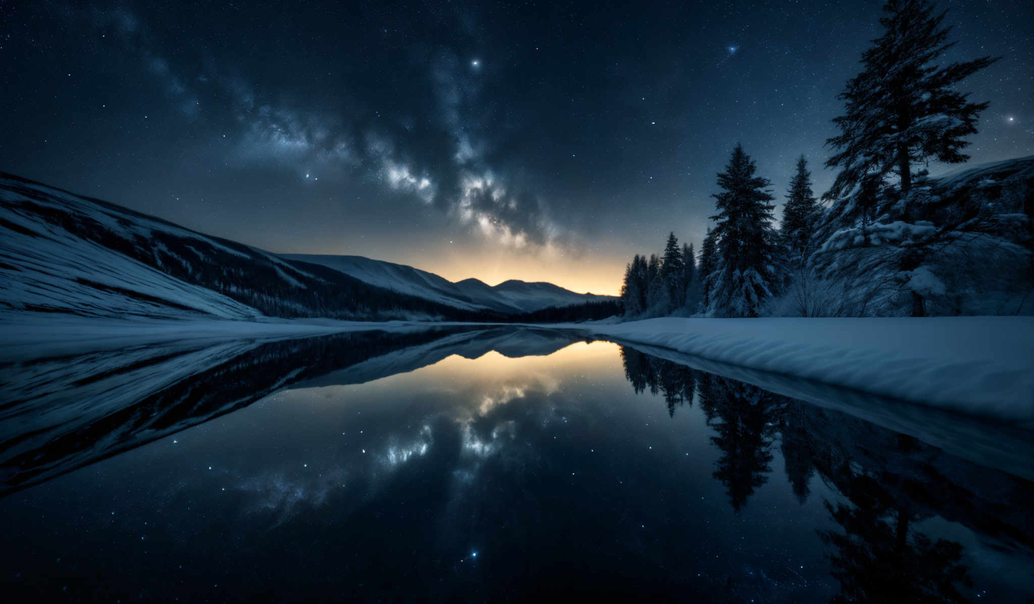 The image showcases a breathtaking night landscape. The sky is dominated by a deep blue hue, dotted with numerous stars and the Milky Way galaxy, which appears as a dense, cloudy band of light. Below, snow-covered mountains and trees are reflected in a calm body of water, creating a mirror image. The water's surface is almost perfectly still, allowing for a clear reflection of the mountains, trees, and the starry sky. The overall color palette is cool, with the exception of a warm, golden glow near the horizon, possibly from a setting or rising sun or distant city lights.