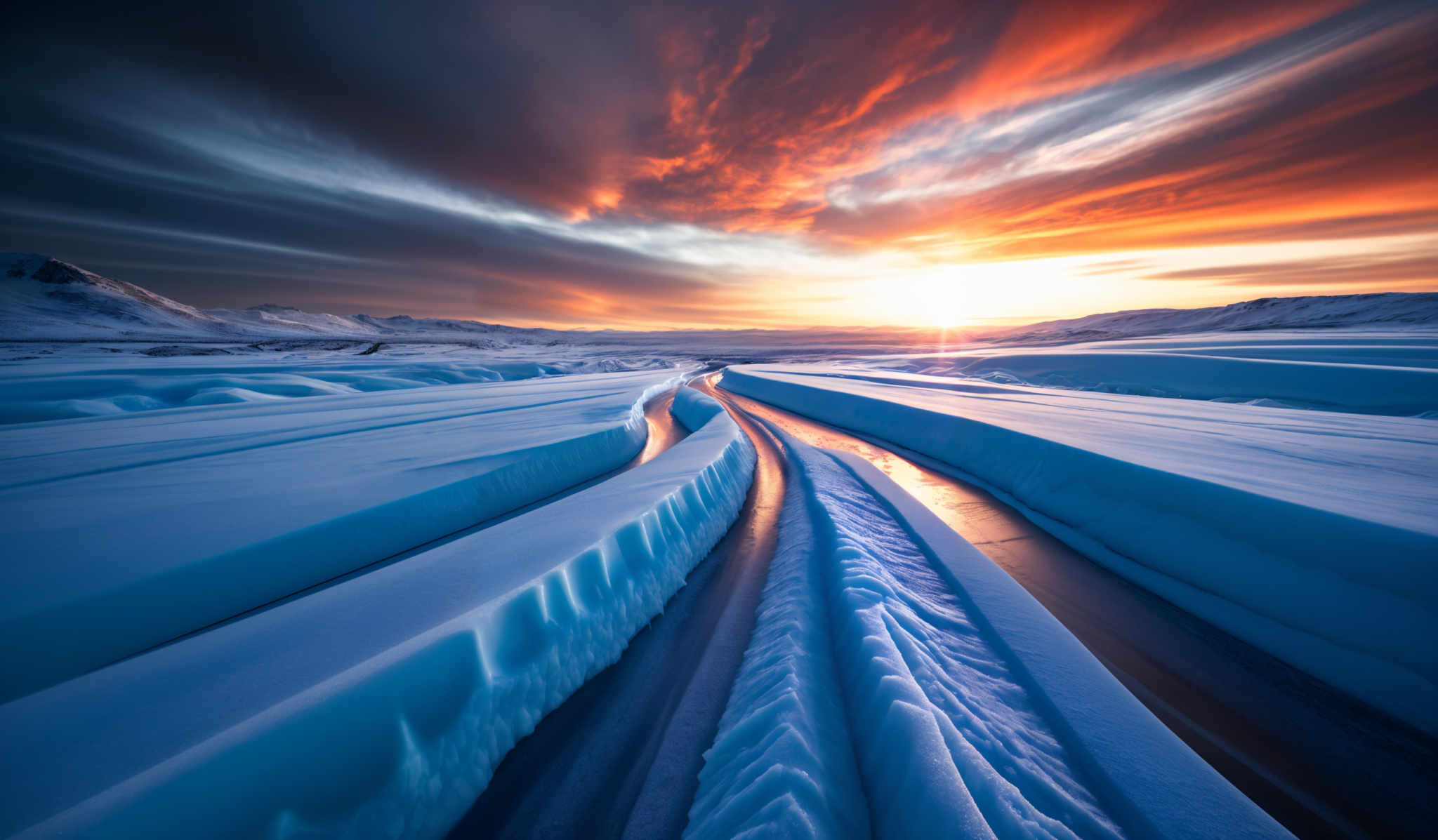 The image showcases a breathtaking landscape during what appears to be either sunrise or sunset. The sky is painted with hues of orange, red, and blue, with streaks of clouds that seem to be moving rapidly. The sun is positioned near the horizon, casting a warm glow over the scene. The foreground features icy formations, possibly part of a glacier or riverbed, with intricate patterns and ridges. These icy structures are contrasted by the deep blue of the water or ice below. In the distance, snow-covered mountains rise, their peaks glowing slightly from the sun's reflection.