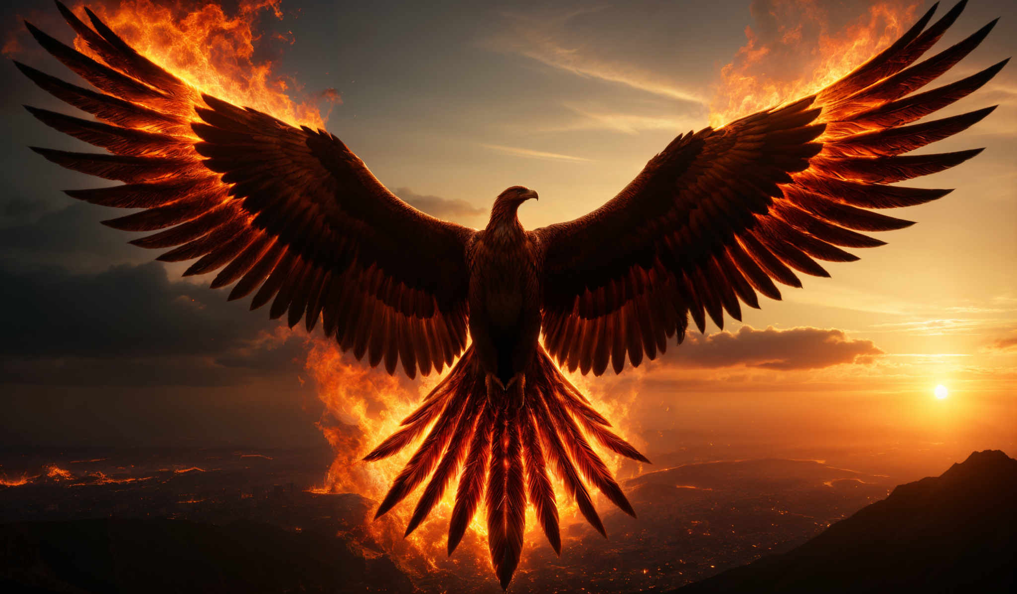 The image showcases a majestic bird, possibly a phoenix, with its wings spread wide. The bird is engulfed in flames, with the fiery glow illuminating its feathers and body. The flames appear to be emanating from the tips of the bird's wings and the base of its tail. The background depicts a sunset or sunrise, with a golden hue casting a warm glow over a landscape of mountains and valleys. The sky is filled with clouds, and the sun is seen near the horizon, casting a radiant light.