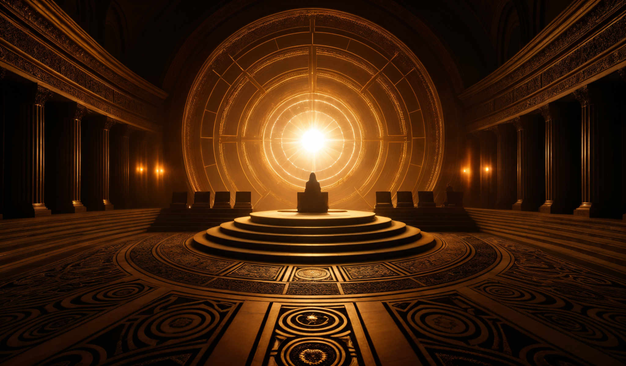 The image showcases a grand, ornate room with a dominant golden hue. The architecture features tall columns with intricate carvings, and the ceiling is adorned with elaborate designs. The focal point is a large circular window or portal that emanates a radiant light, casting a warm glow throughout the room. In the foreground, there's a circular platform with a silhouette of a person or figure, possibly in contemplation or meditation. The floor is intricately patterned with swirling designs, and there are torches placed at intervals, adding to the ambiance.