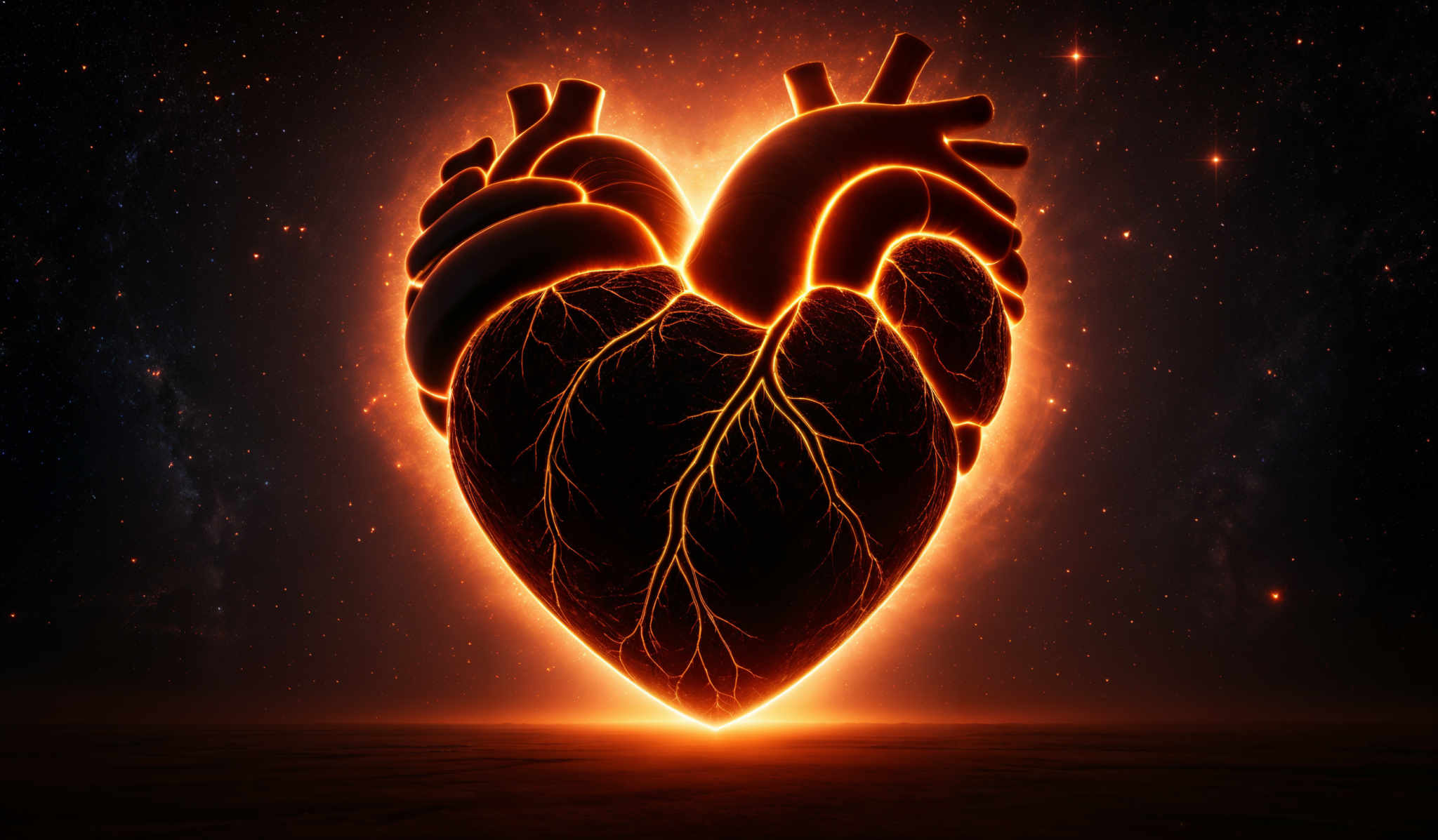 The image showcases a heart-shaped object that appears to be glowing with a fiery orange and red hue. The heart is intricately detailed, revealing the internal veins and chambers. The background is a deep space setting with stars and a nebula, creating a contrast between the warmth of the heart and the coldness of space.