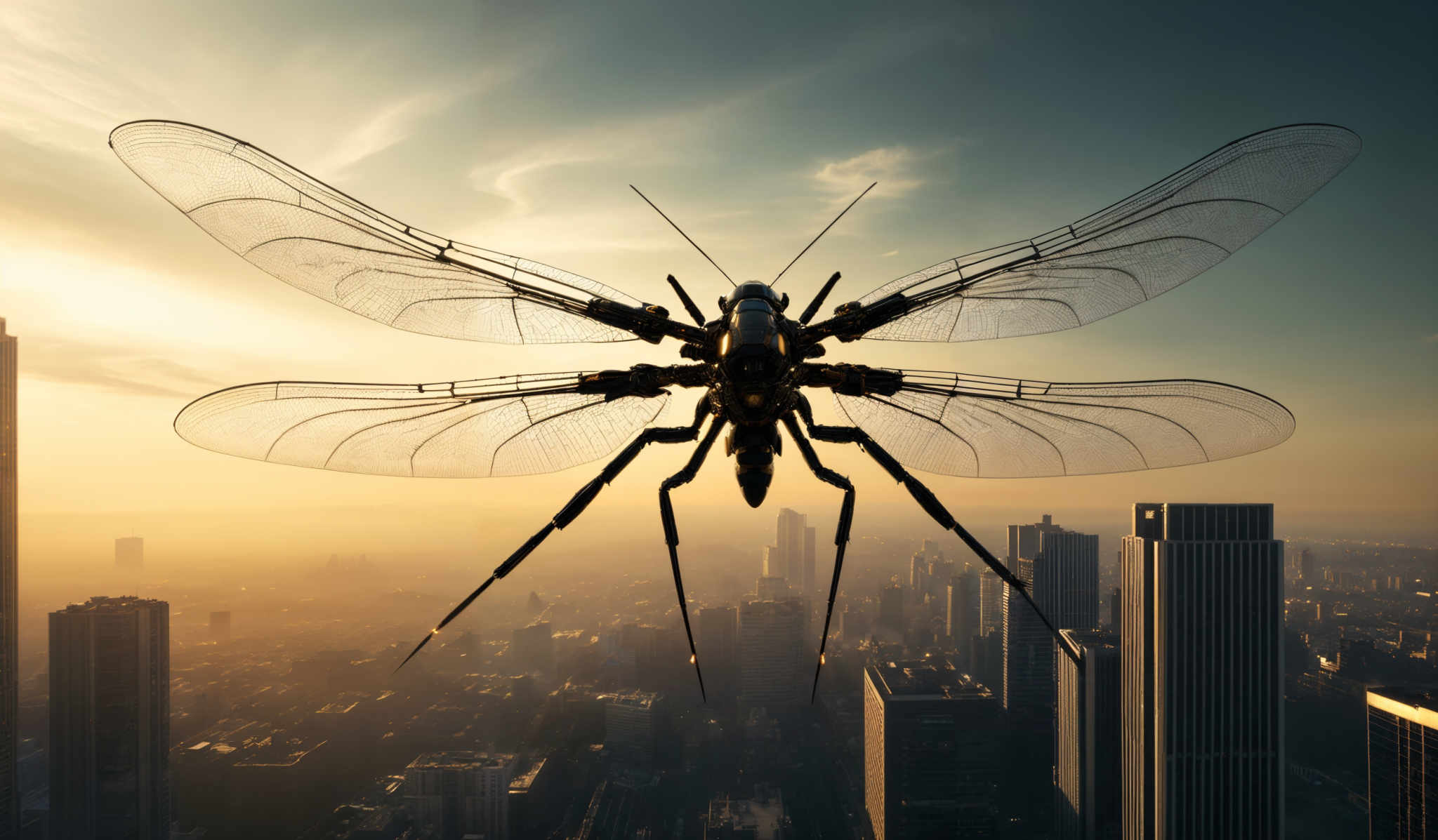 The image showcases a futuristic or sci-fi setting. The dominant color is a warm golden hue, likely from the sunrise or sunset. The skyline features tall skyscrapers, with one particularly prominent tower on the left. The focal point of the image is a large, intricately designed mechanical insect, possibly a drone or robotic fly. This insect has transparent wings, a robust body, and is equipped with various mechanical components. The city below is bathed in a soft light, with buildings of varying heights and designs.