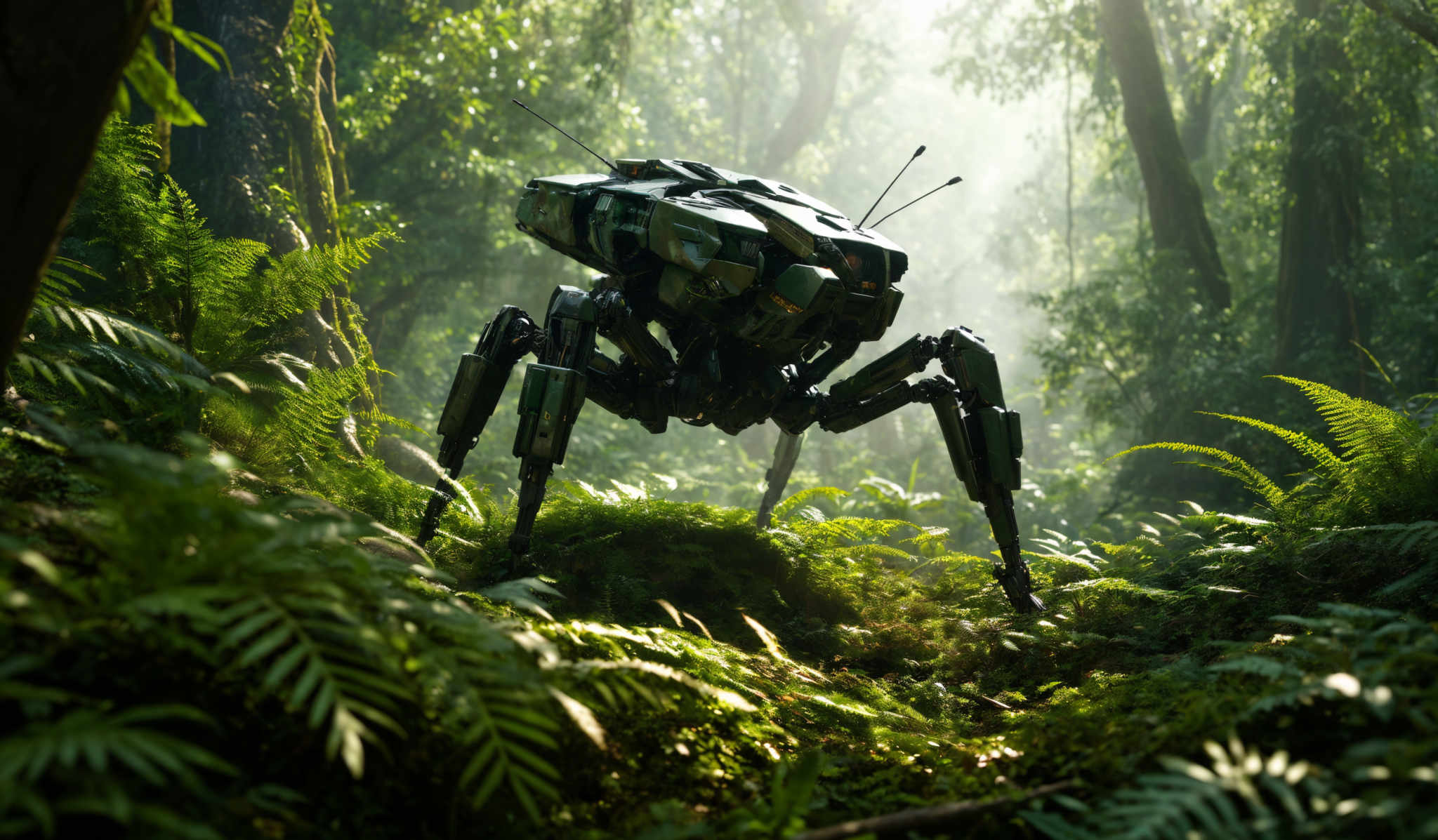 The image showcases a lush green forest with tall trees and dense undergrowth. Sunlight filters through the canopy, casting dappled light on the forest floor. In the foreground, there is a large robotic or mechanical creature with multiple legs, resembling a spider or an insect. The robot has a dark, metallic appearance with various components and antennae protruding from its body.