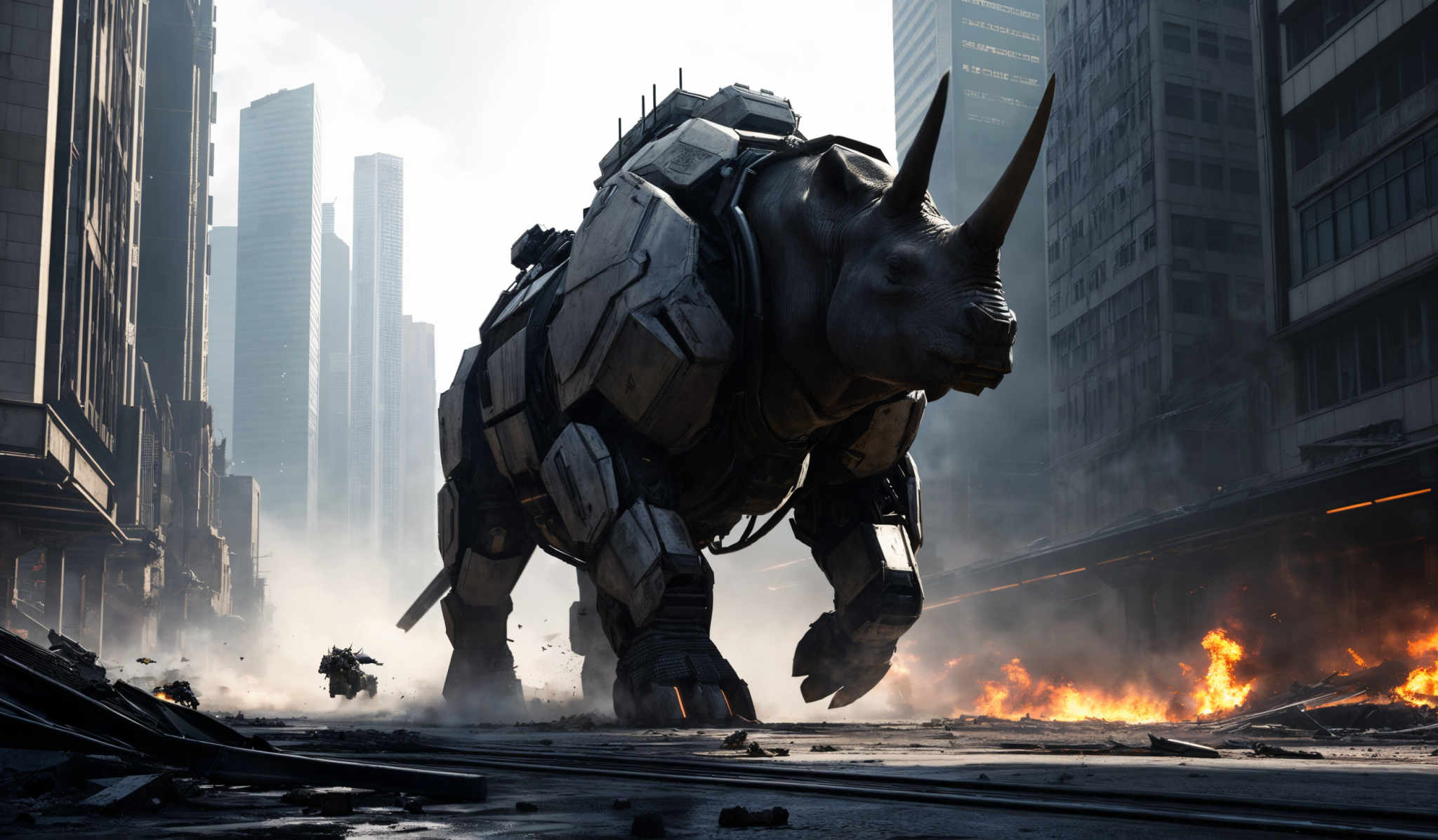 The image showcases a large, armored rhinoceros in a city setting. The rhinocoeros is predominantly gray with metallic armor plating. It has a prominent horn on its forehead. The cityscape around it is characterized by tall skyscrapers, some of which are damaged or on fire. The streets are littered with debris, and there's a sense of chaos and destruction. The atmosphere is filled with smoke, and the overall color palette is dominated by grays, blacks, and fiery oranges from the flames.