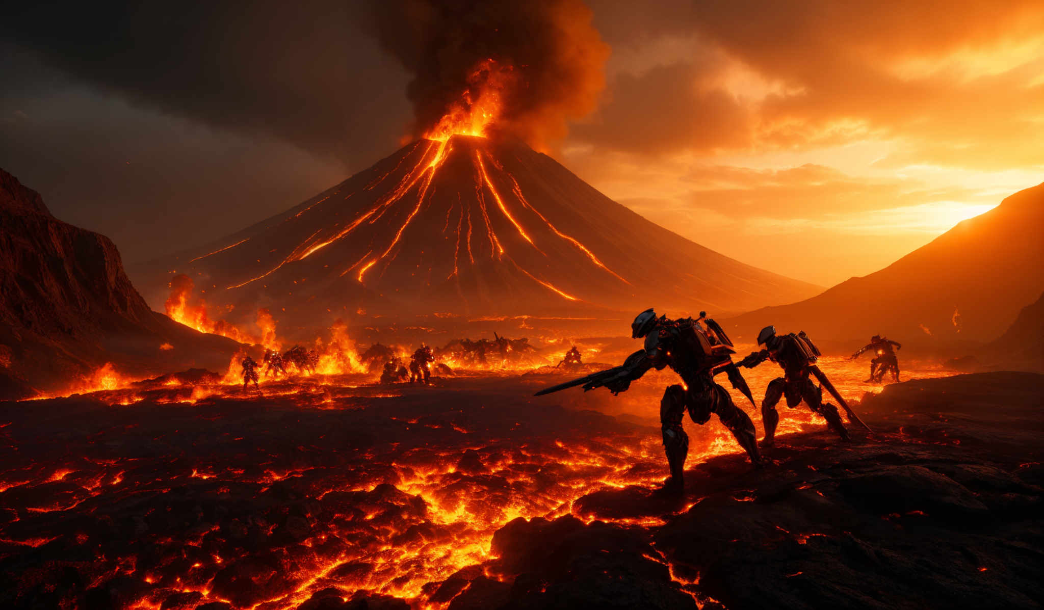 The image showcases a dramatic scene of a volcanic eruption. Dominating the background is a large, towering volcano with molten lava spewing out from its summit. The sky is filled with dark clouds, and the fiery eruptions cast an orange-red hue over the entire landscape. In the foreground, there are several humanoid figures, possibly soldiers or explorers, equipped with advanced armor and weapons. They appear to be advancing or exploring the molten terrain. The ground is covered in molten rock and lava, with intricate patterns and flows. The overall atmosphere is intense, suggesting danger and adventure.