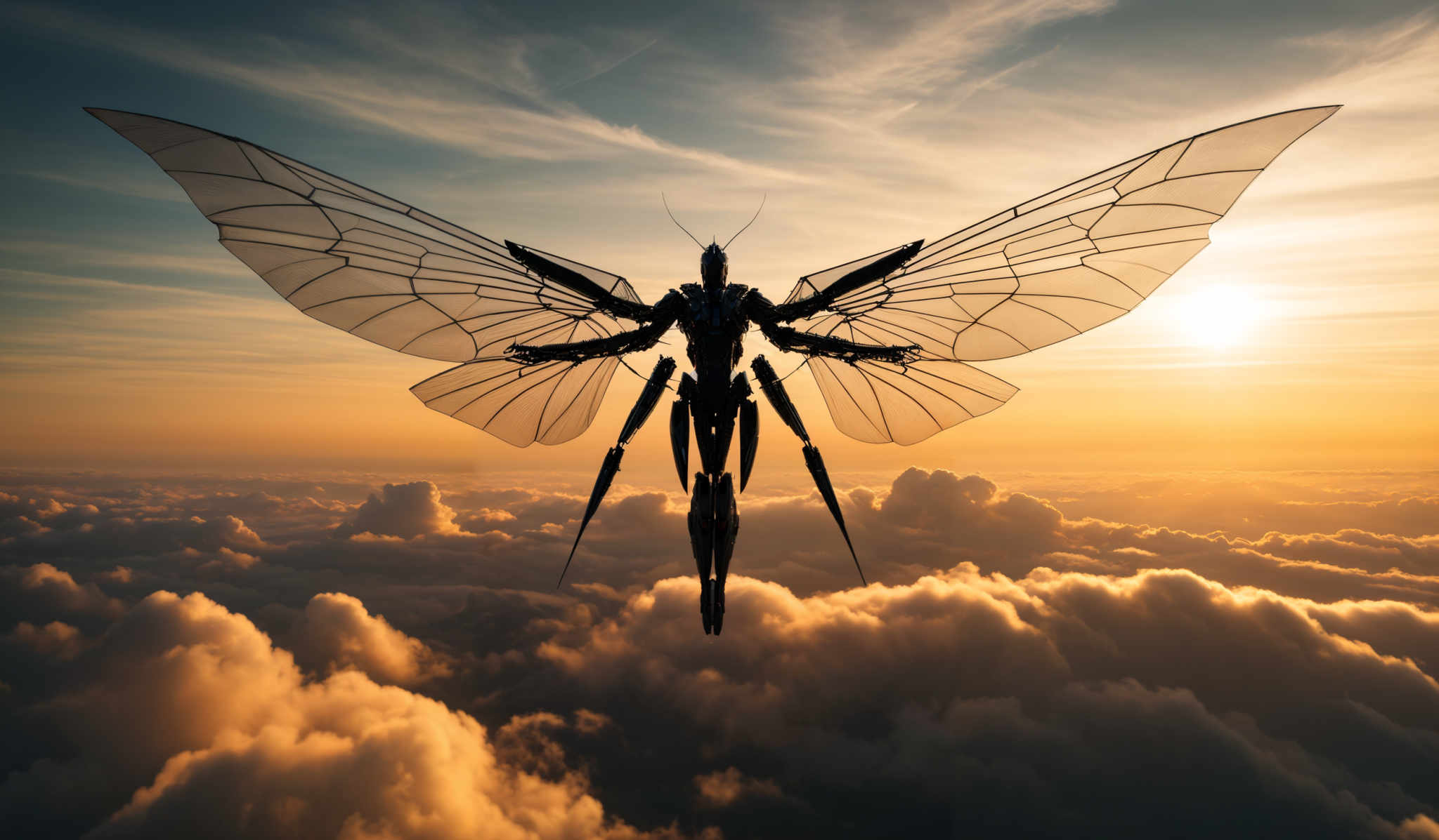 The image showcases a vast expanse of the sky during sunset or sunrise. The sky is painted with hues of orange, yellow, and blue, with fluffy white clouds scattered throughout. Dominating the center of the image is a figure, possibly a humanoid, with wings that resemble those of a butterfly or moth. The wings are translucent and have a delicate structure. The figure appears to be floating or flying above the clouds, with the sun casting a warm glow on the scene.